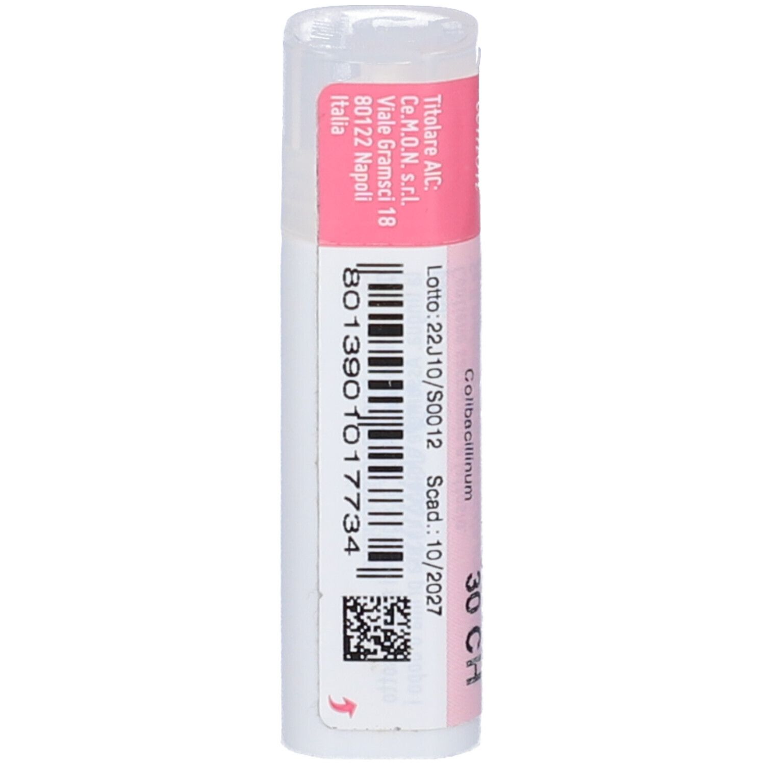 Flacone cilindrico con etichetta rosa. Scritta: Colibacillinum 30Ch. Marchio: cemon, dynamis. Contiene granuli.