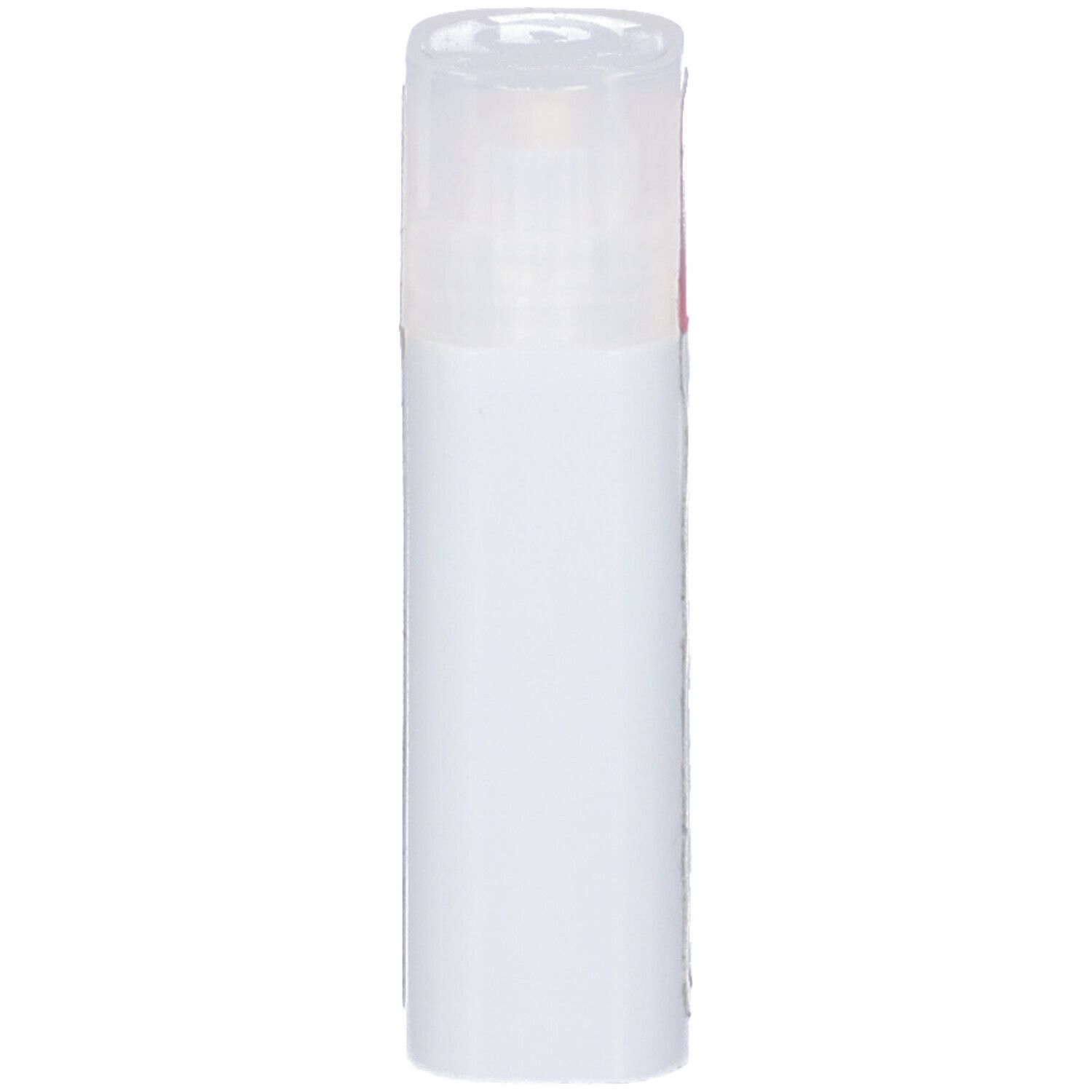 Flacone cilindrico bianco con coperchio trasparente. Nessuna informazione sul prodotto visibile.
