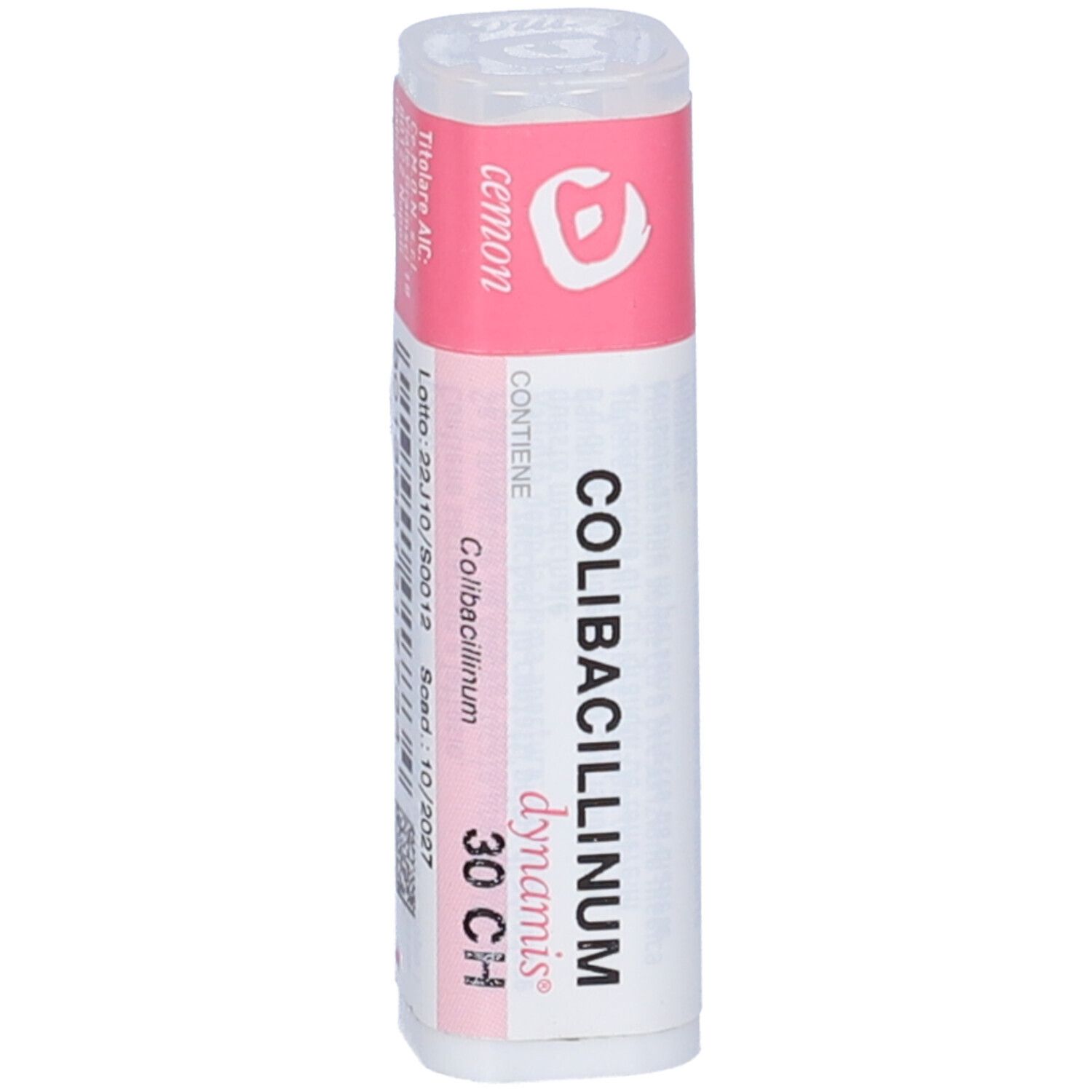 Flacone cilindrico con etichetta rosa. Scritta: Colibacillinum 30Ch. Marchio: cemon, dynamis. Contiene granuli.