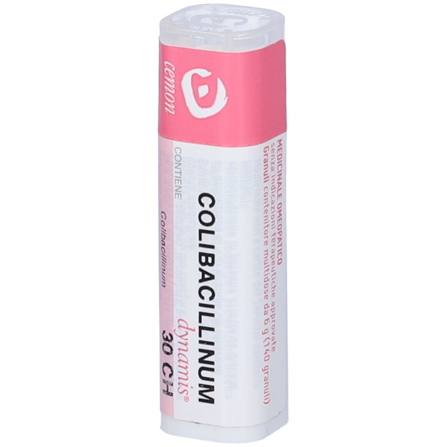 Flacone cilindrico con etichetta rosa. Scritta: Colibacillinum 30Ch. Marchio: cemon, dynamis. Contiene granuli.