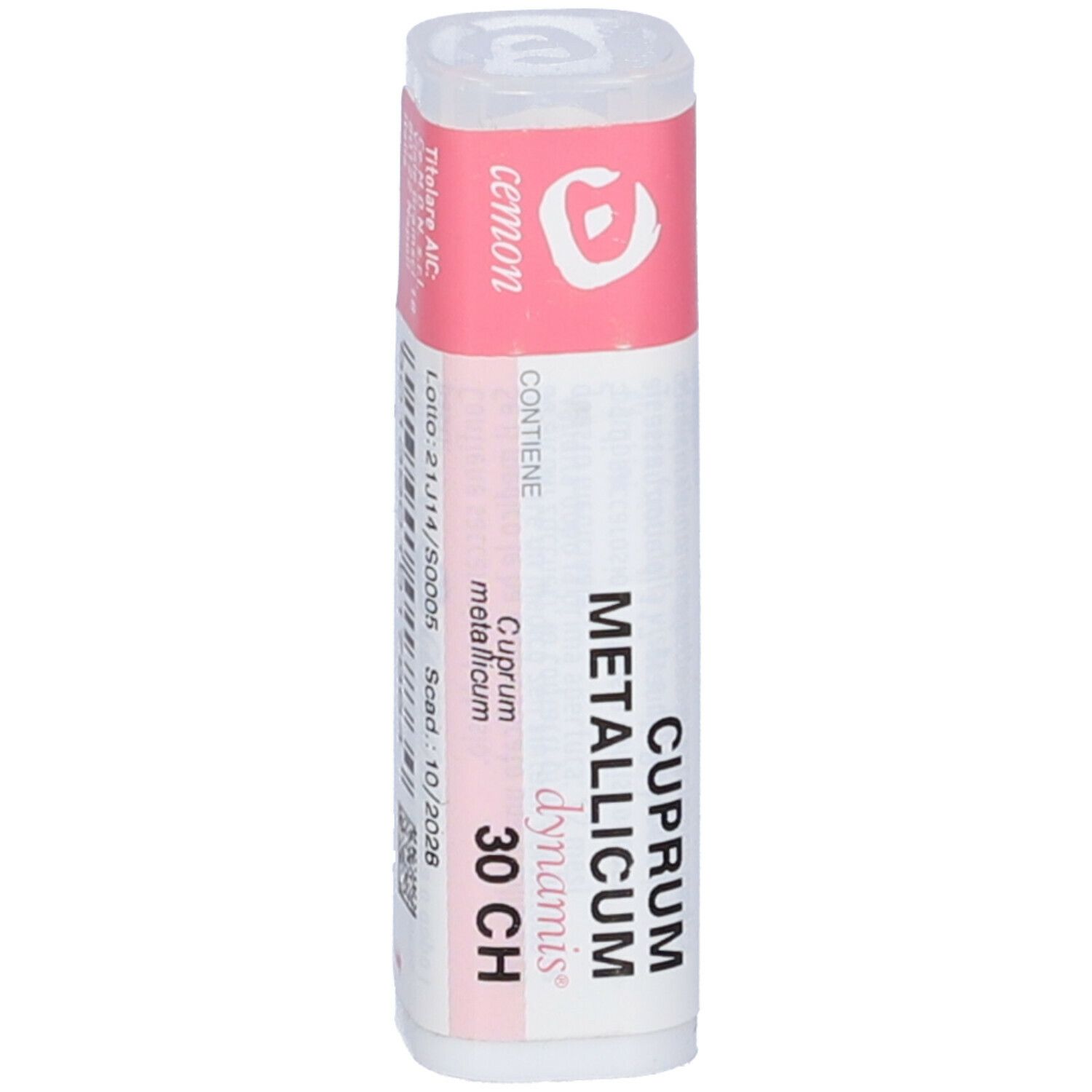 Confezione cilindrica. Scritte: Cuprum metallicum 30 CH, cemon, dynamis.