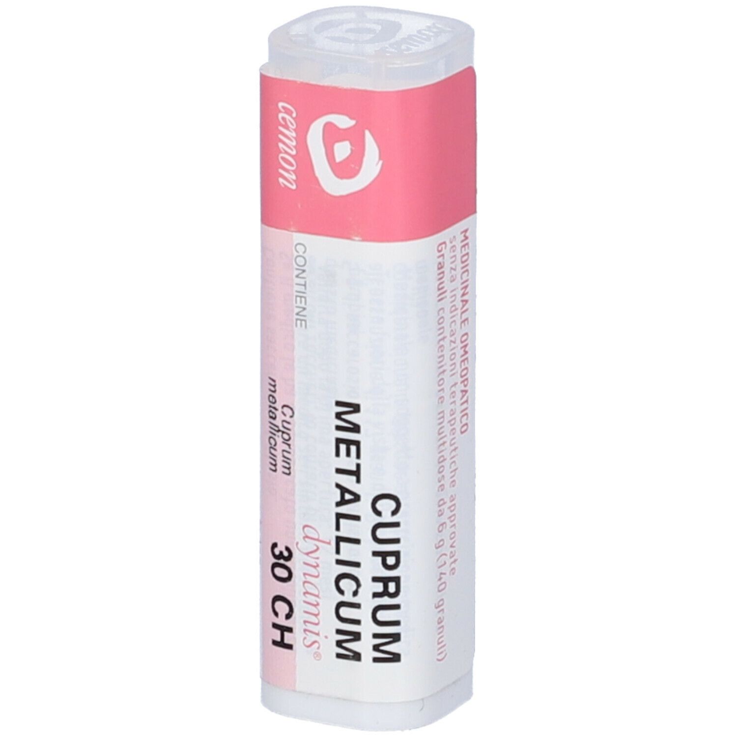 Confezione cilindrica. Scritte: Cuprum metallicum 30 CH, cemon, dynamis.