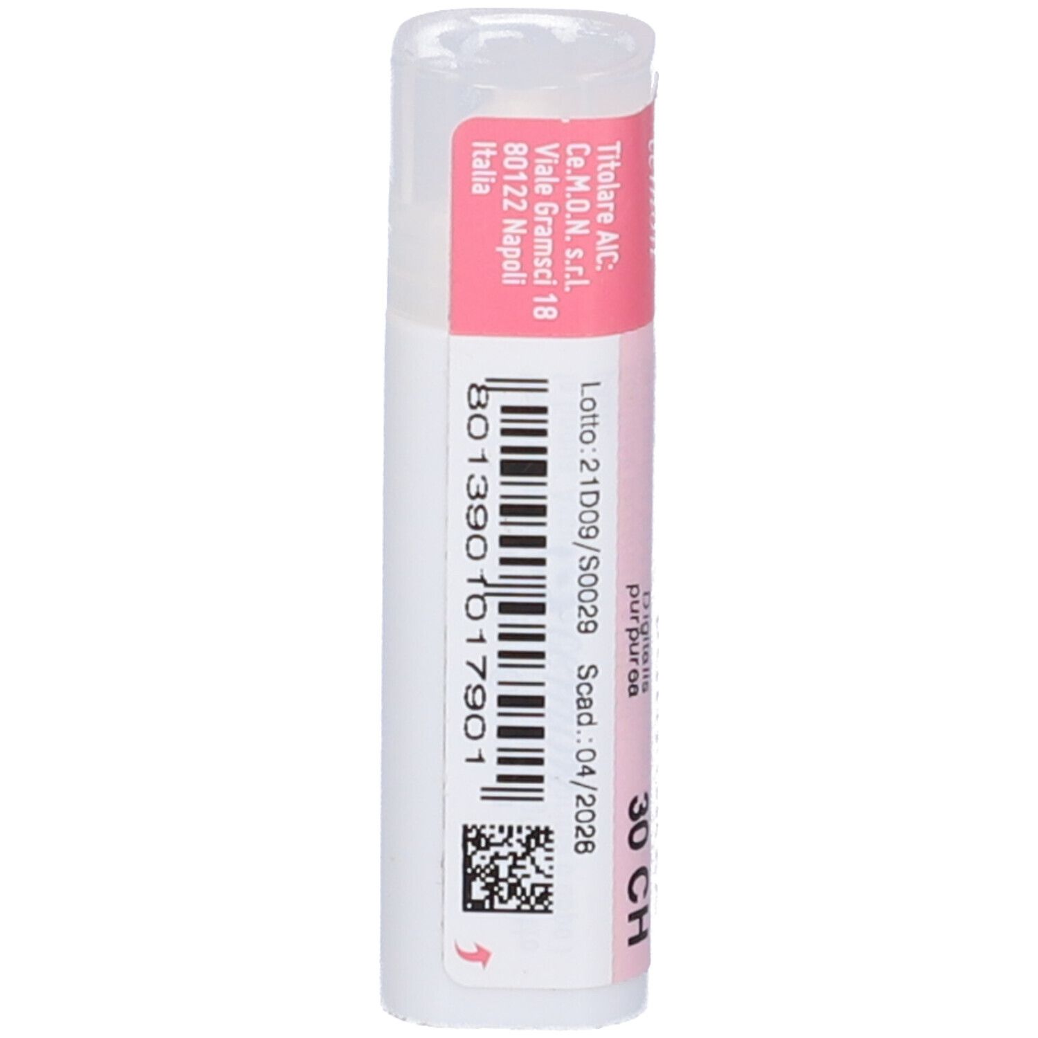 Flacone cilindrico bianco con etichetta rosa. Informazioni come "30 CH" e un codice a barre sono visibili.