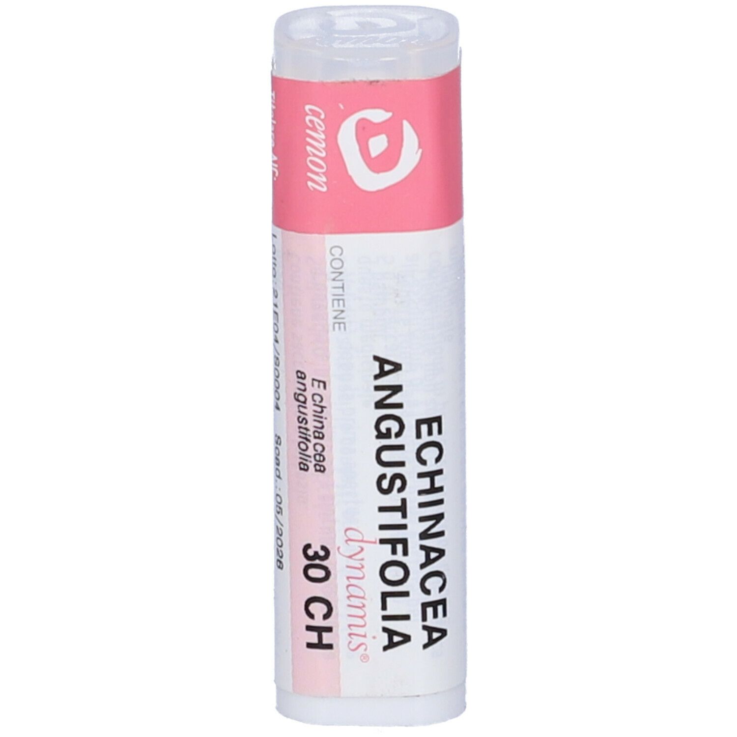 Flacone cilindrico con etichette rosa e bianche. Scritta: Echinacea Angustifolia 30 CH, cemon dynamis.