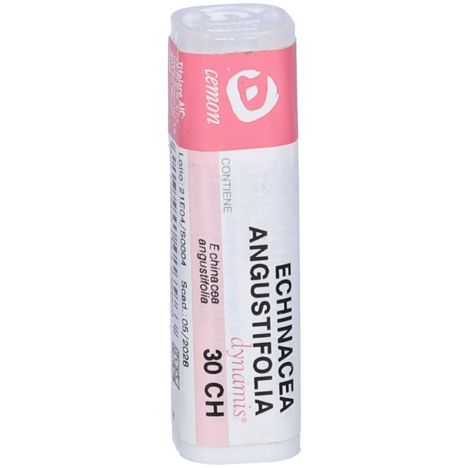 Flacone cilindrico con etichette rosa e bianche. Scritta: Echinacea Angustifolia 30 CH, cemon dynamis.
