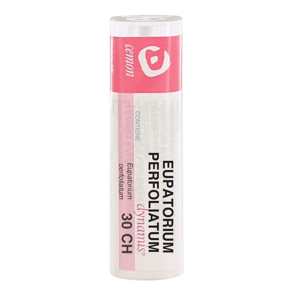 Confezione cilindrica con etichetta rosa e bianca. Testo: Eupatorium Perfoliatum 30 CH, Cemon.