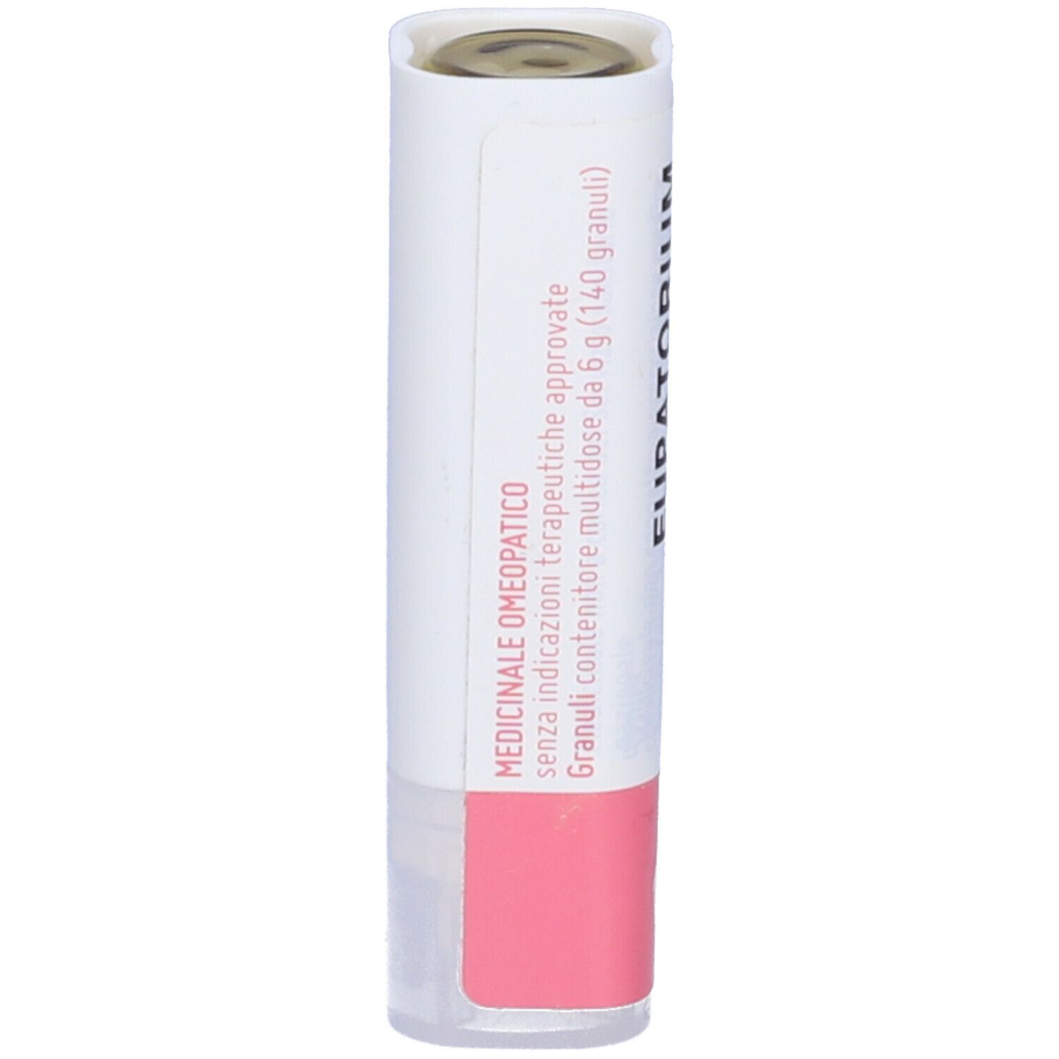 Confezione cilindrica con etichetta rosa e bianca. Testo: Eupatorium Perfoliatum 30 CH, Cemon.