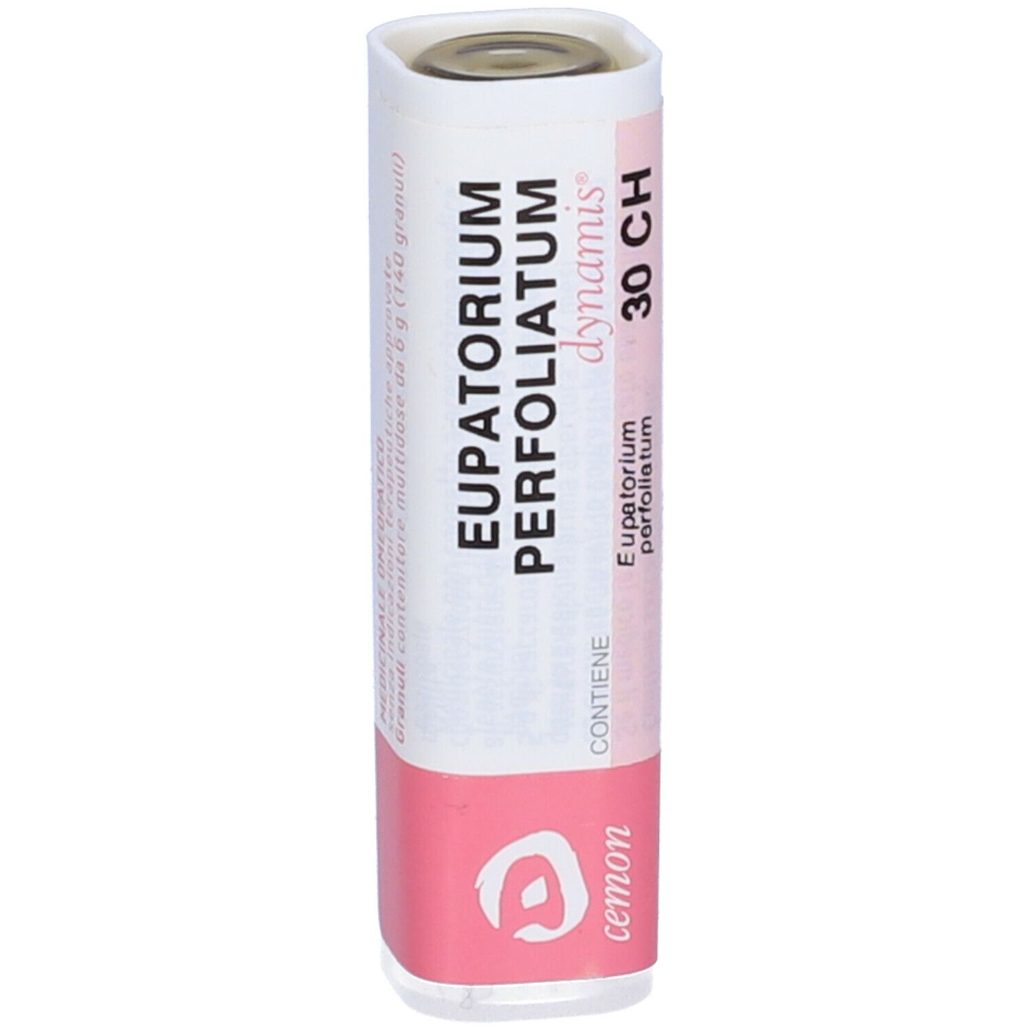 Confezione cilindrica con etichetta rosa e bianca. Testo: Eupatorium Perfoliatum 30 CH, Cemon.