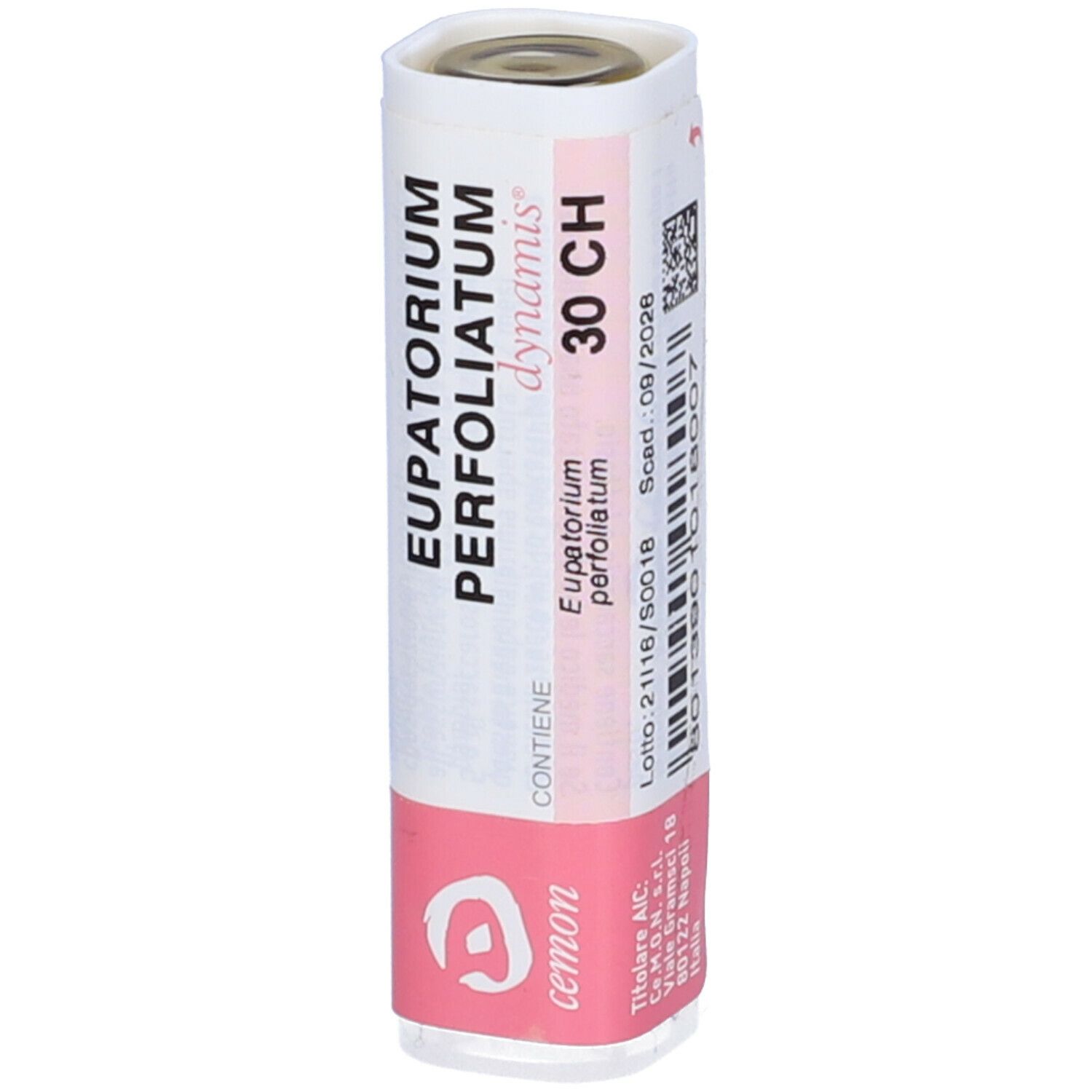 Confezione cilindrica con etichetta rosa e bianca. Testo: Eupatorium Perfoliatum 30 CH, Cemon.