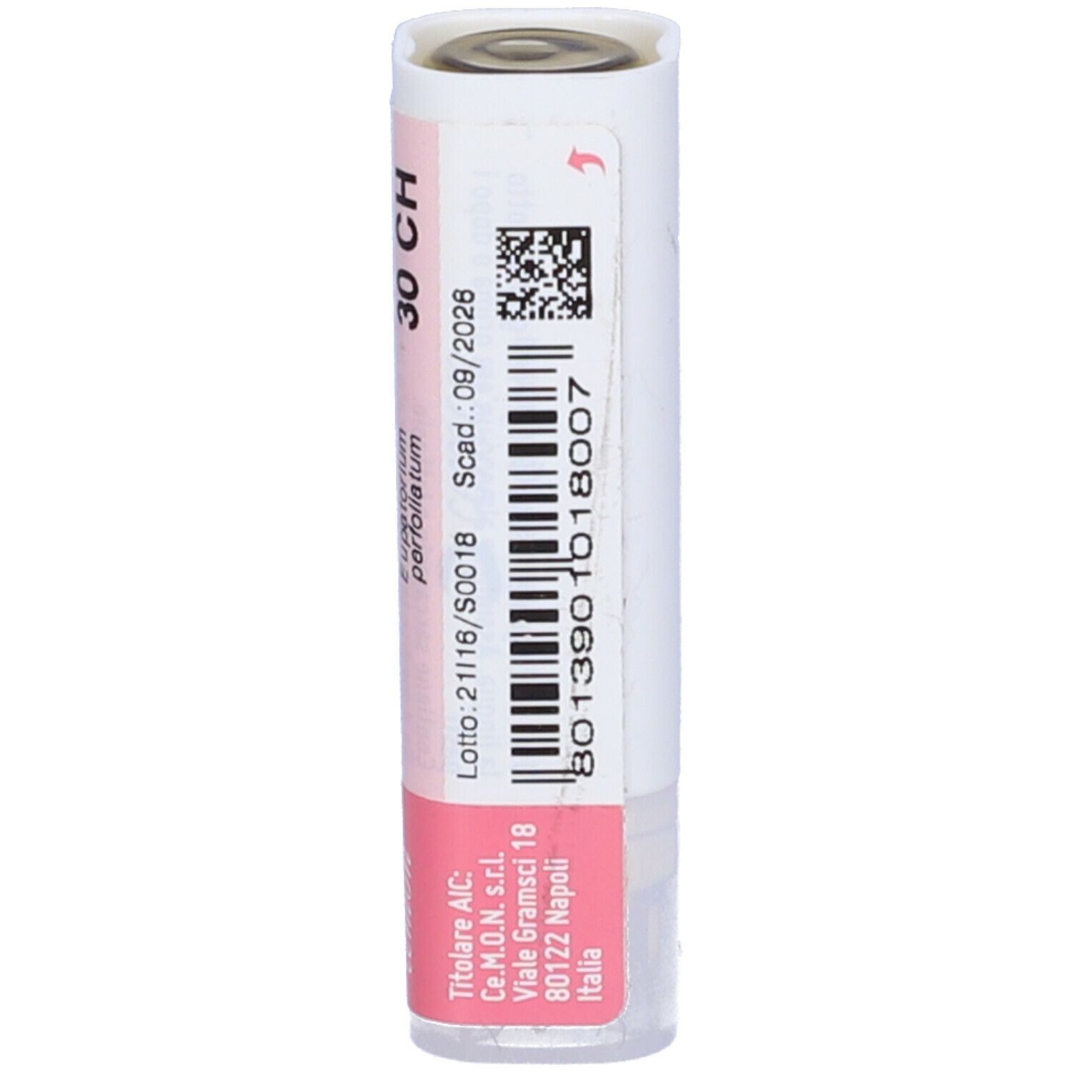 Confezione cilindrica con etichetta rosa e bianca. Testo: Eupatorium Perfoliatum 30 CH, Cemon.