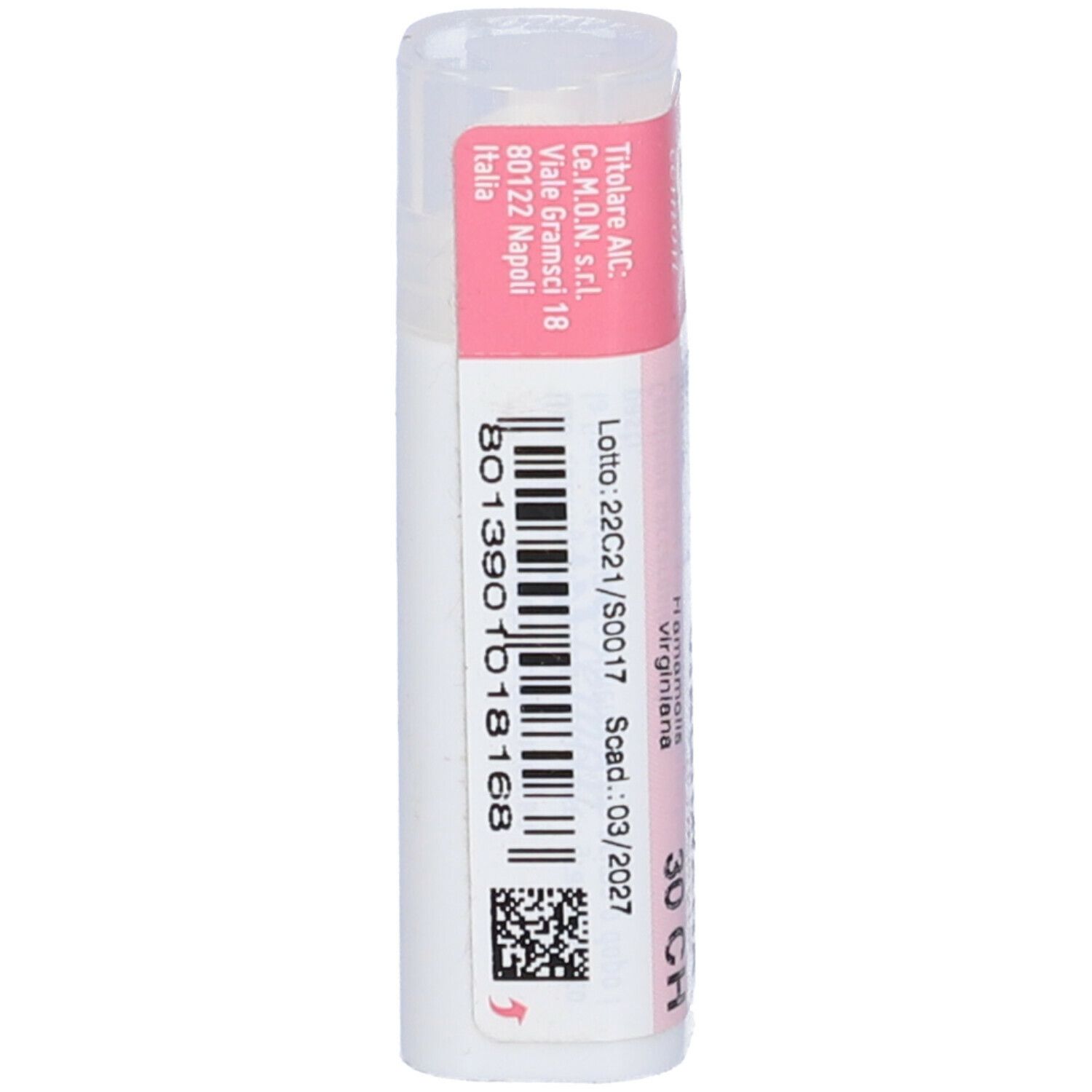Confezione cilindrica bianca con fascia rosa. Scritta: Hamamelis virginiana, 30 CH, dynamis. Codice a barre e info.