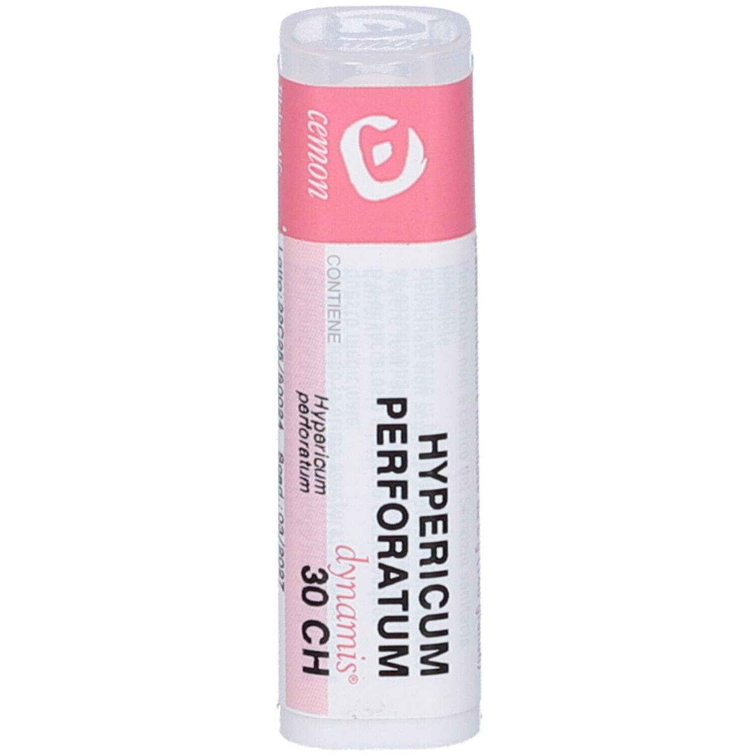 Flacone cilindrico con etichetta rosa. "Hypericum perforatum 30 CH" e "dynamis" sull'etichetta.