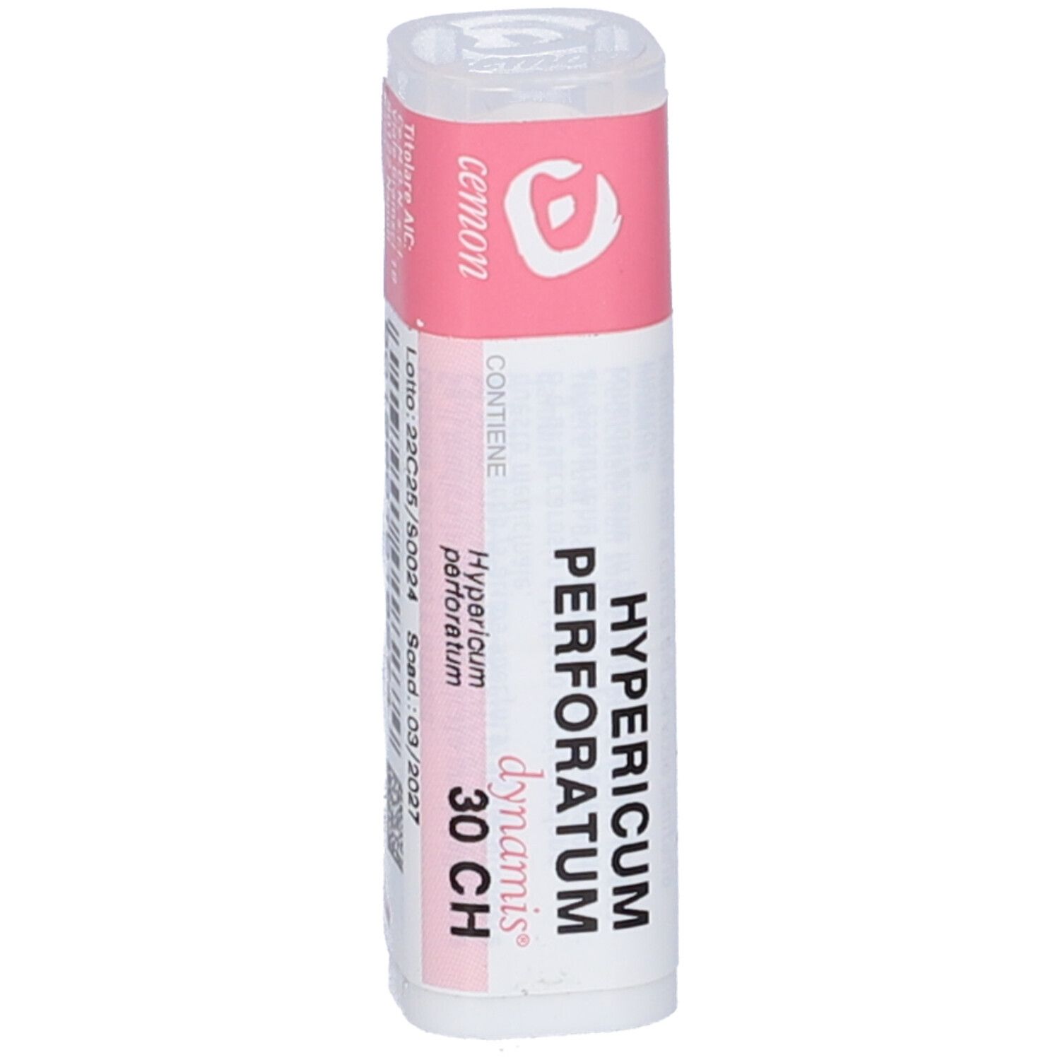 Flacone cilindrico con etichetta rosa. "Hypericum perforatum 30 CH" e "dynamis" sull'etichetta.