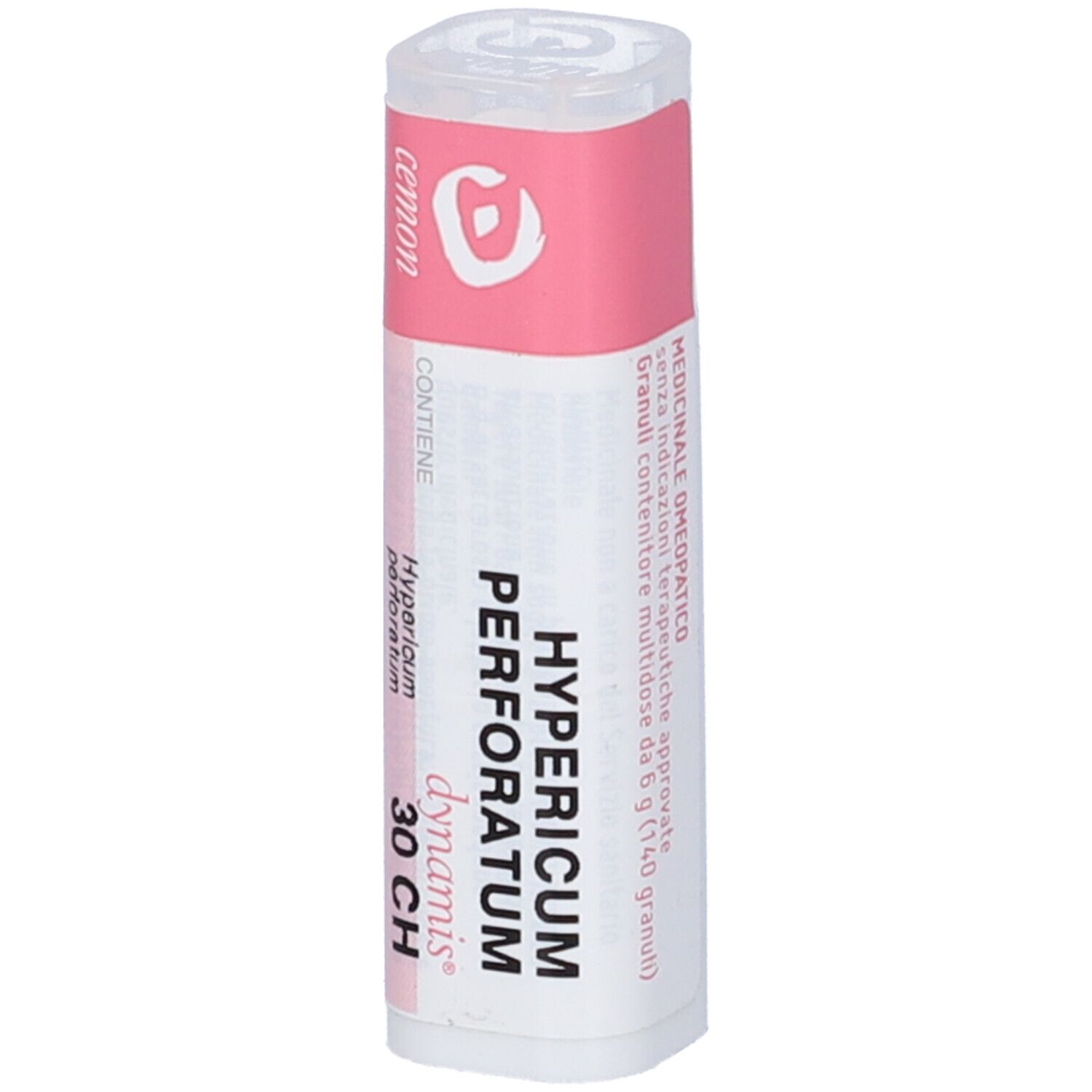 Flacone cilindrico con etichetta rosa. "Hypericum perforatum 30 CH" e "dynamis" sull'etichetta.