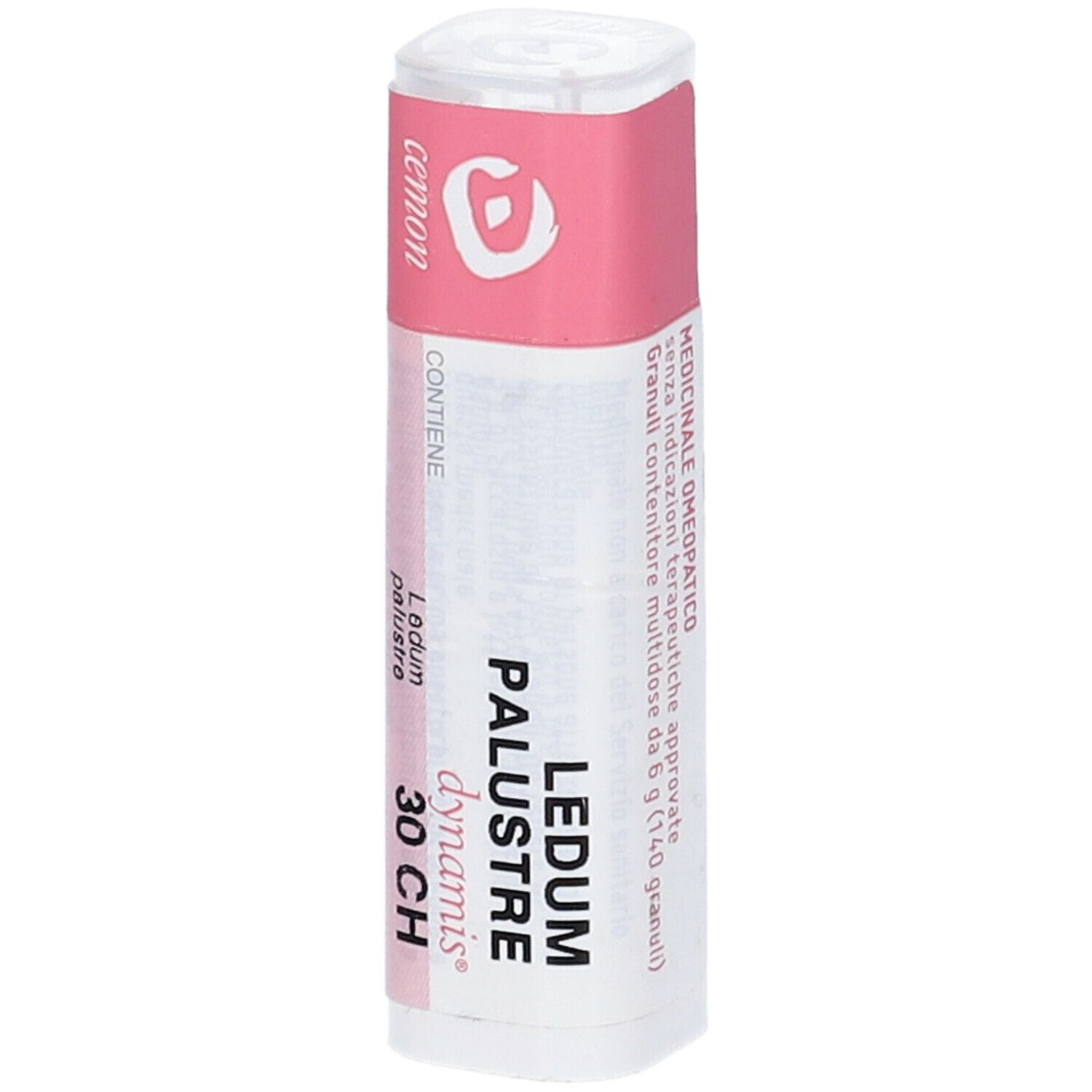 Confezione cilindrica con etichetta rosa e bianca. Scritte: Ledum Palustre 30 CH, dynamis.