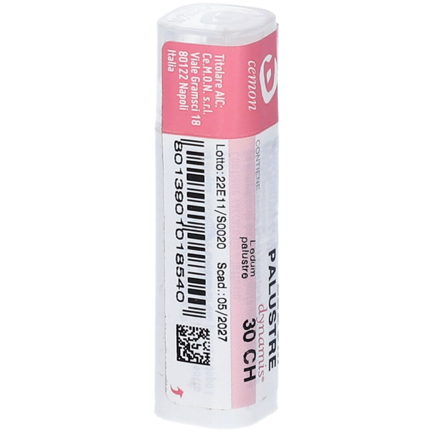 Confezione cilindrica con etichetta rosa e bianca. Scritte: Ledum Palustre 30 CH, dynamis, numero di lotto.