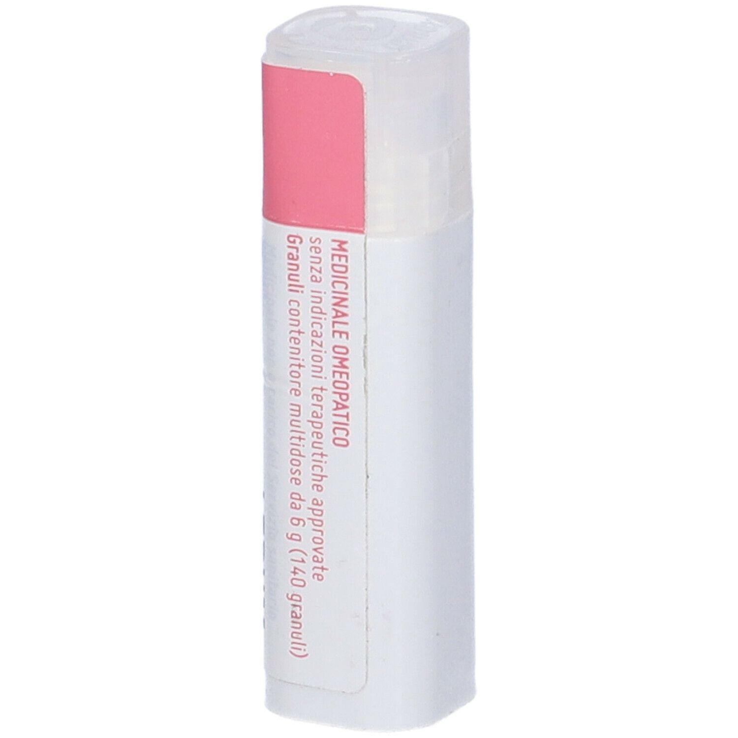 Confezione cilindrica con etichetta rosa e bianca. Scritte: Informazioni mediche, 6g granuli.