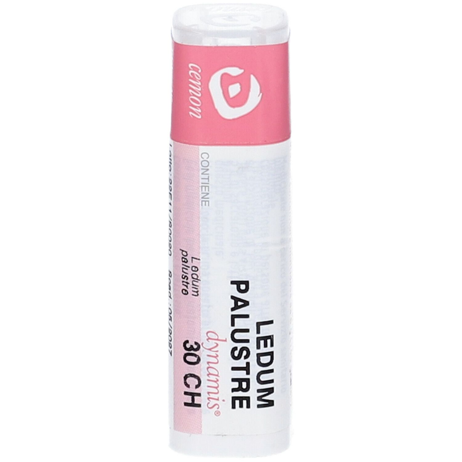 Confezione cilindrica con etichetta rosa e bianca. Scritte: Ledum Palustre 30 CH, dynamis, cemon.