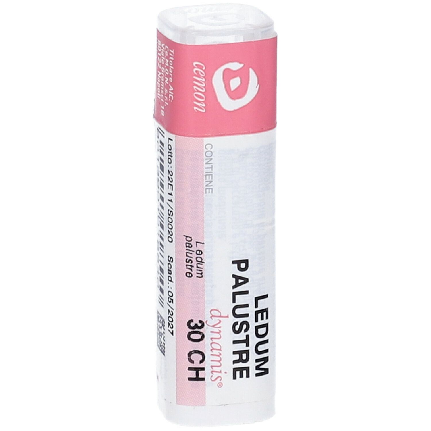Confezione cilindrica con etichetta rosa e bianca. Scritte: Ledum Palustre 30 CH, dynamis, numero di lotto.