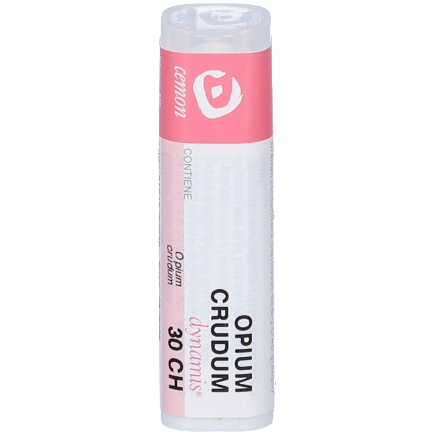 Confezione cilindrica. Etichetta rosa con testo: Opium crudum 30 CH. Sfondo bianco. Coperchio.