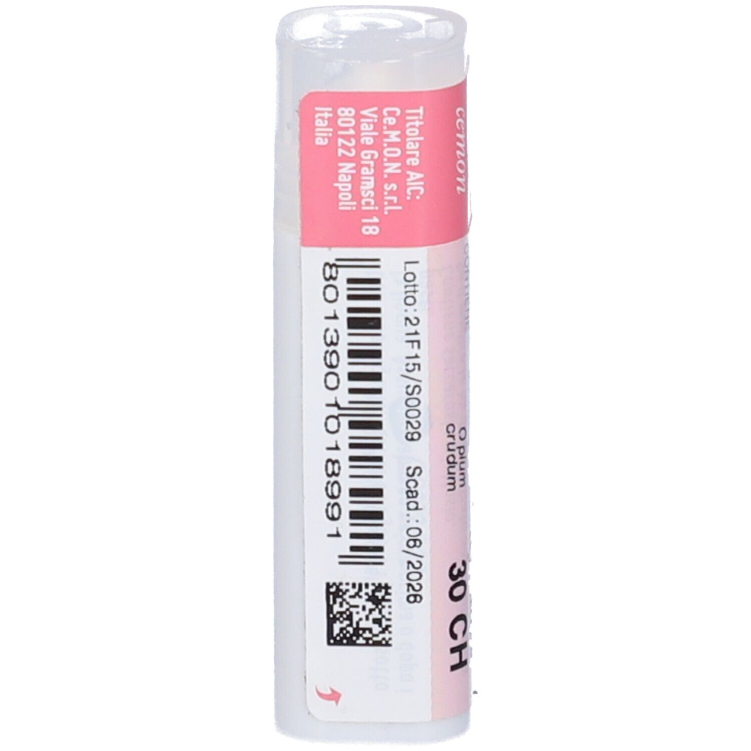 Confezione cilindrica. Etichetta rosa con testo: Opium crudum 30 CH. Sfondo bianco. Coperchio.