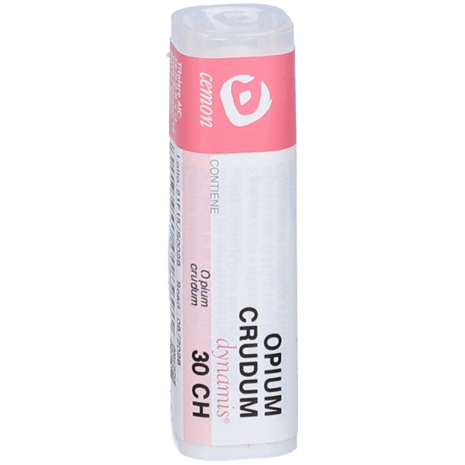 Confezione cilindrica. Etichetta rosa con testo: Opium crudum 30 CH. Sfondo bianco. Coperchio.