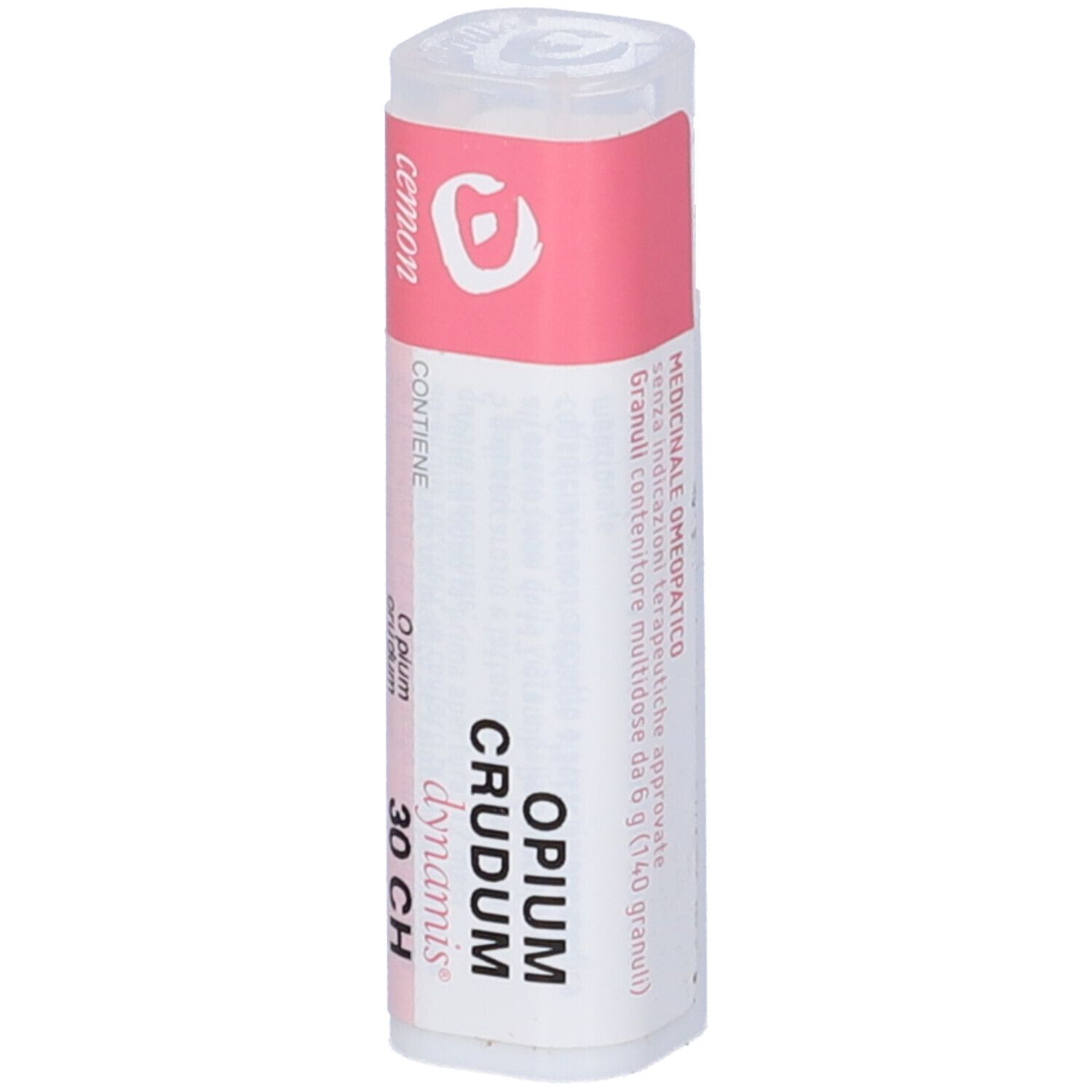 Confezione cilindrica. Etichetta rosa con testo: Opium crudum 30 CH. Sfondo bianco. Coperchio.