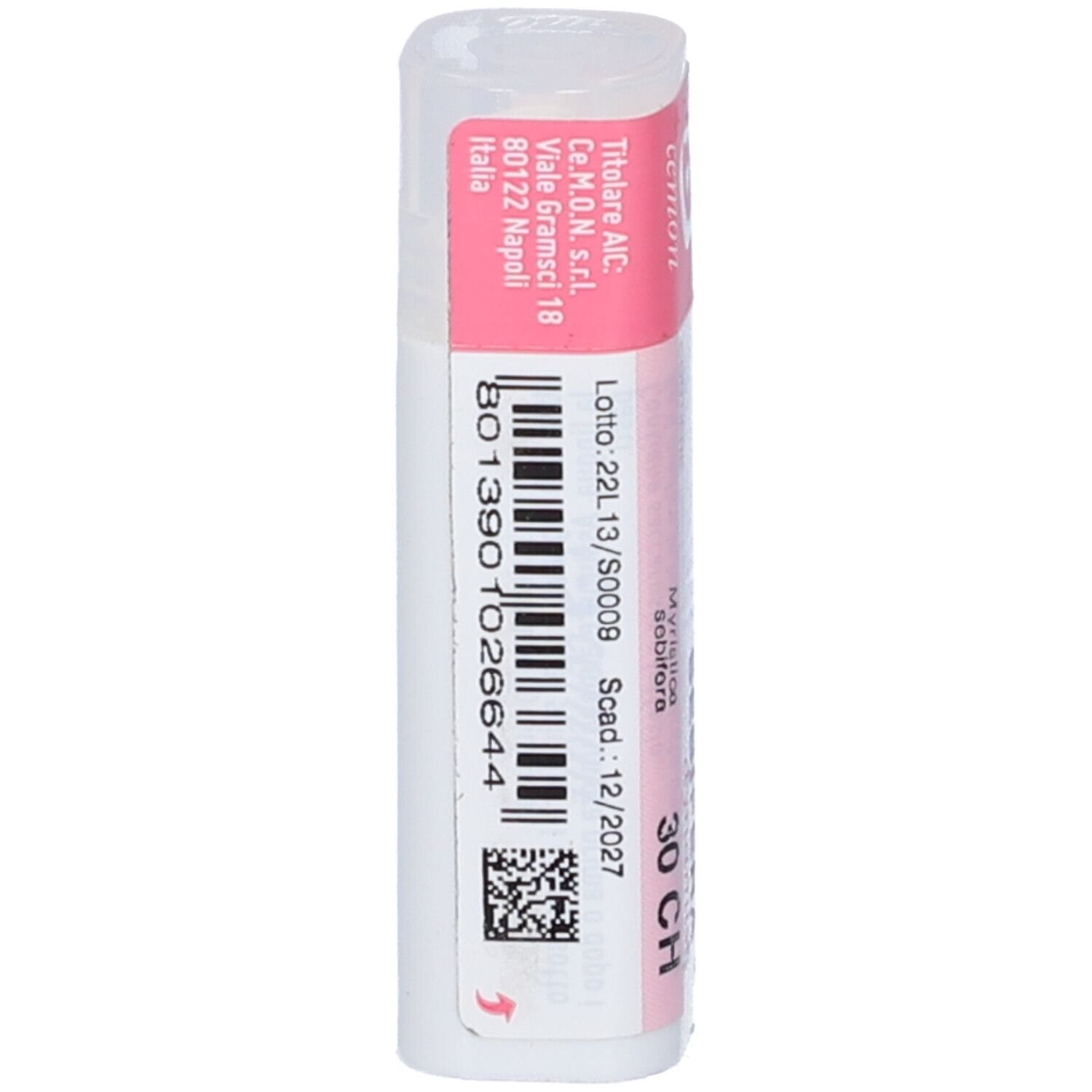Confezione cilindrica con etichetta rosa e bianca. Codice a barre e scadenza 12/2027.