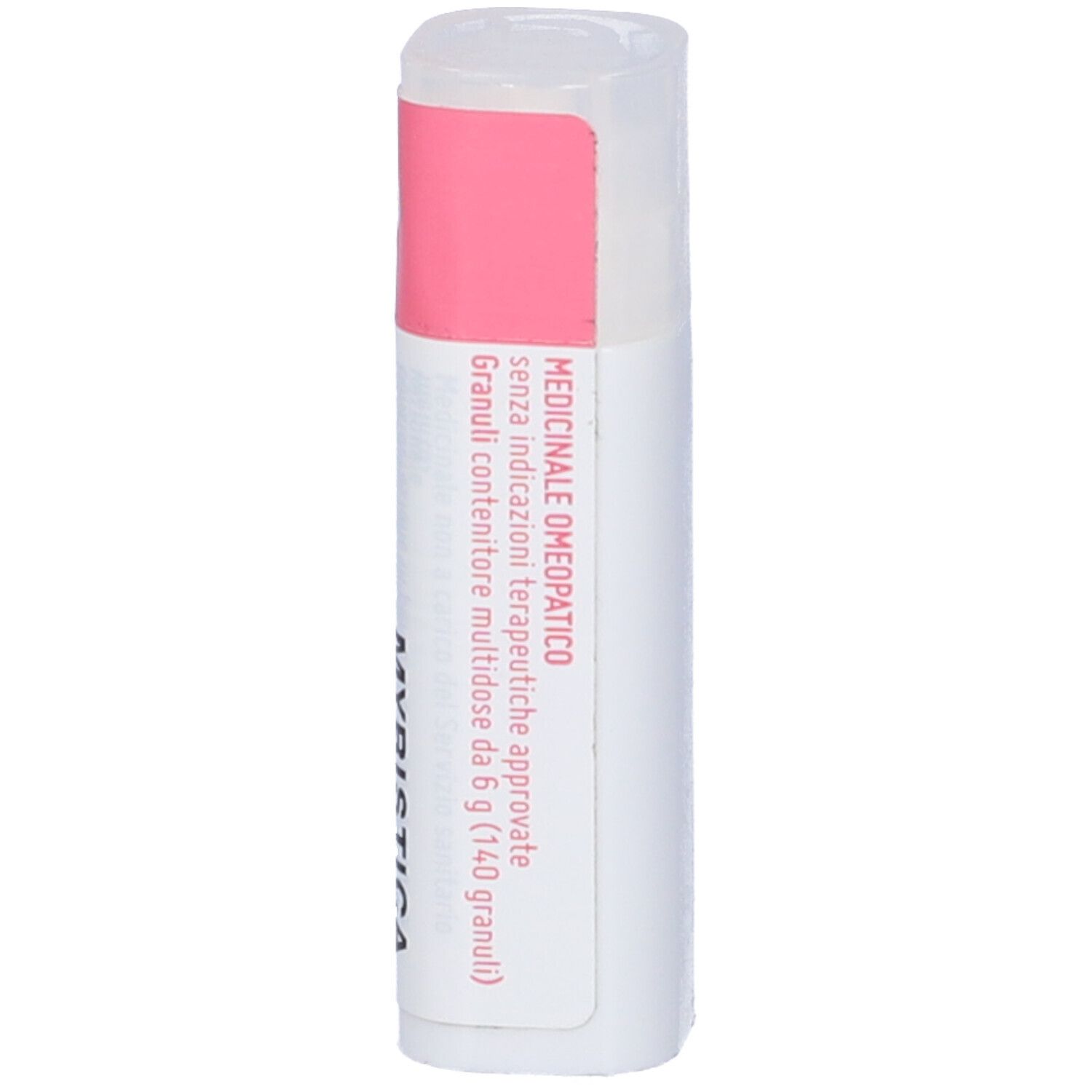 Confezione cilindrica bianca con etichetta rosa e bianca. Scritta: Medicinale omeopatico.