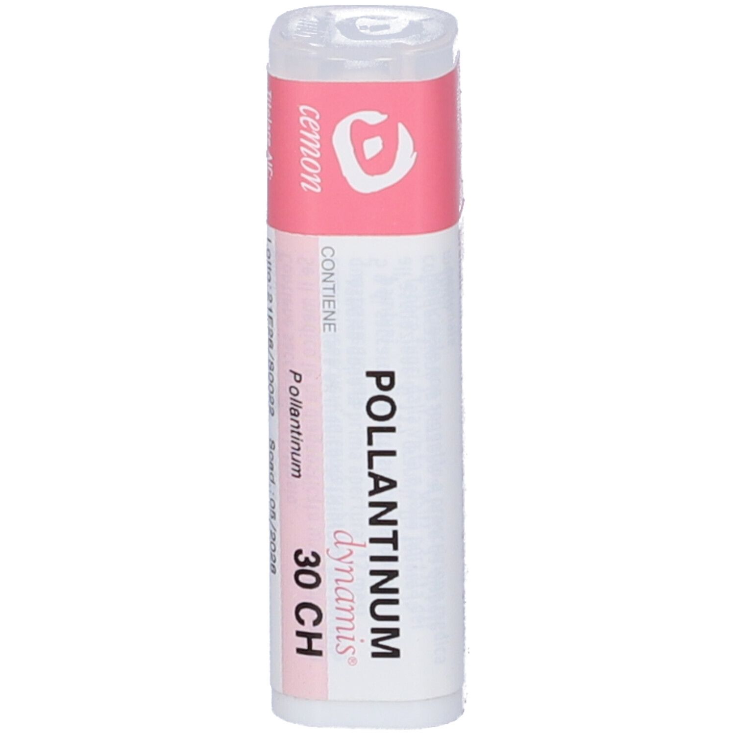 Confezione cilindrica. Etichette rosa e bianche. Nome del prodotto e dosaggio visibili. Coperchio trasparente.