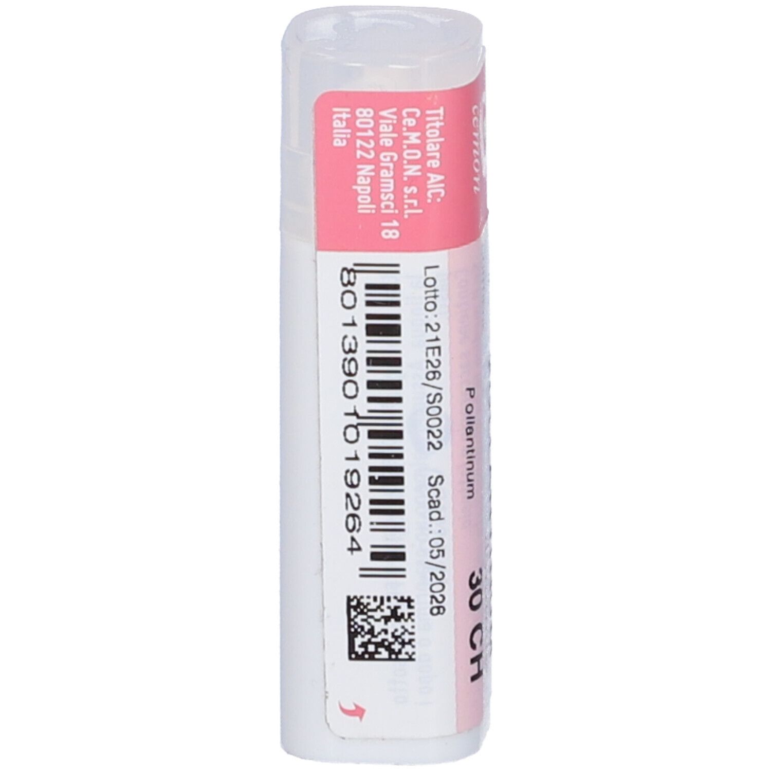 Confezione cilindrica. Etichette rosa e bianche. Nome e dosaggio. Codice a barre e scadenza. Coperchio trasparente.