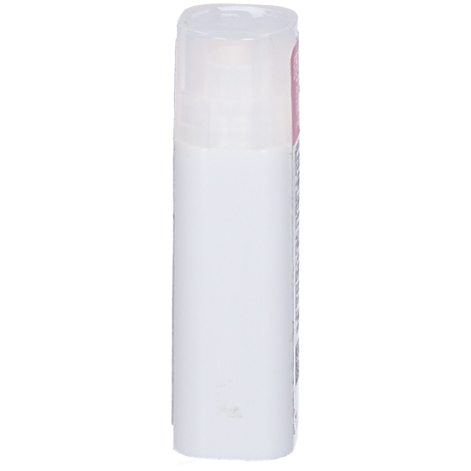 Confezione cilindrica. Bianca con etichetta rosa. Coperchio trasparente. Etichetta con testo.