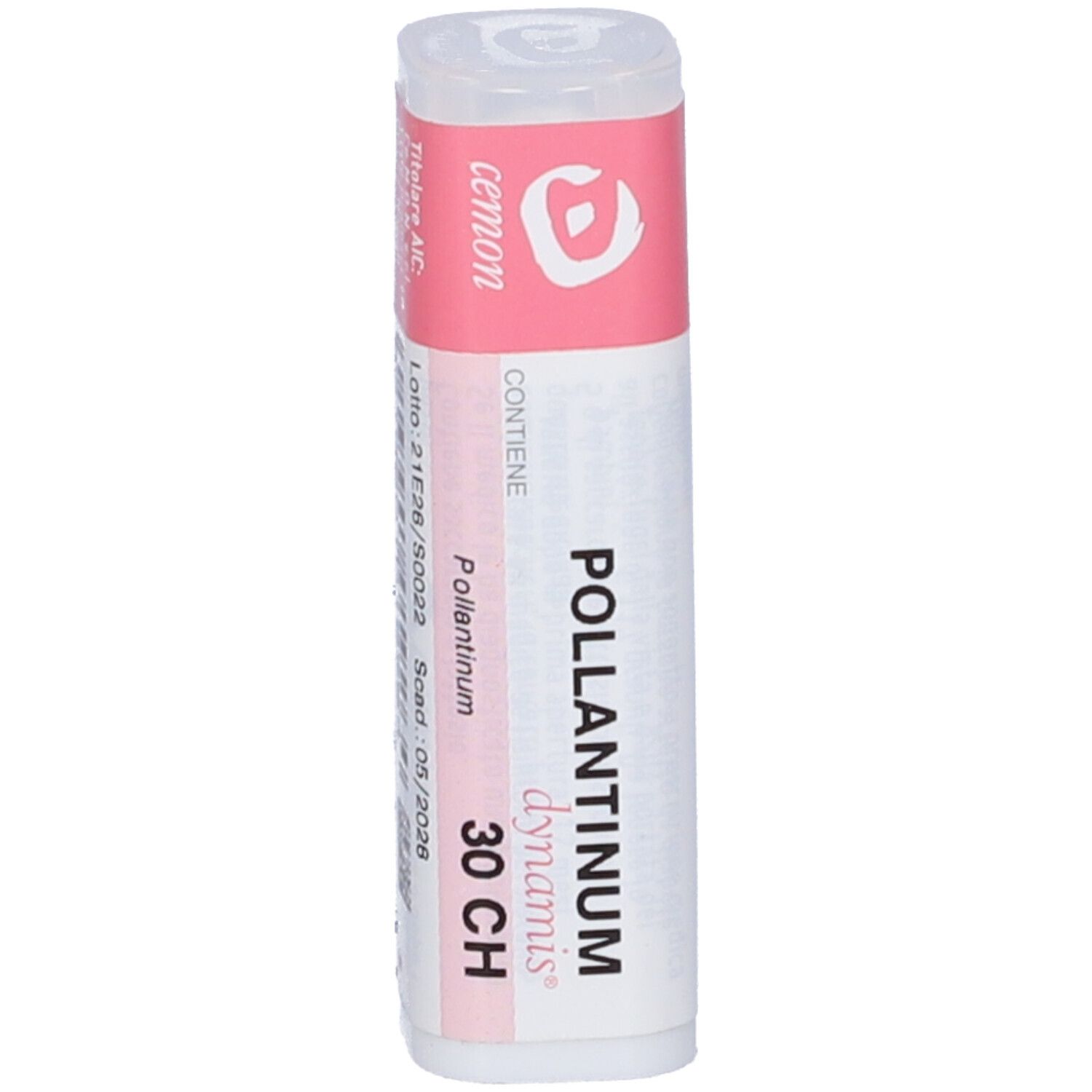 Confezione cilindrica. Etichette rosa e bianche. Nome e dosaggio. Coperchio trasparente.