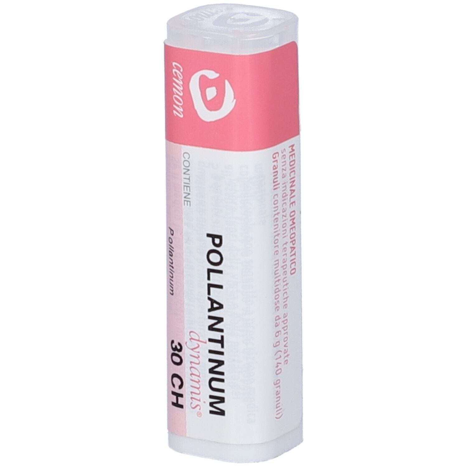 Confezione cilindrica. Etichette rosa e bianche. Nome e dosaggio. Coperchio trasparente. Prodotto medico.