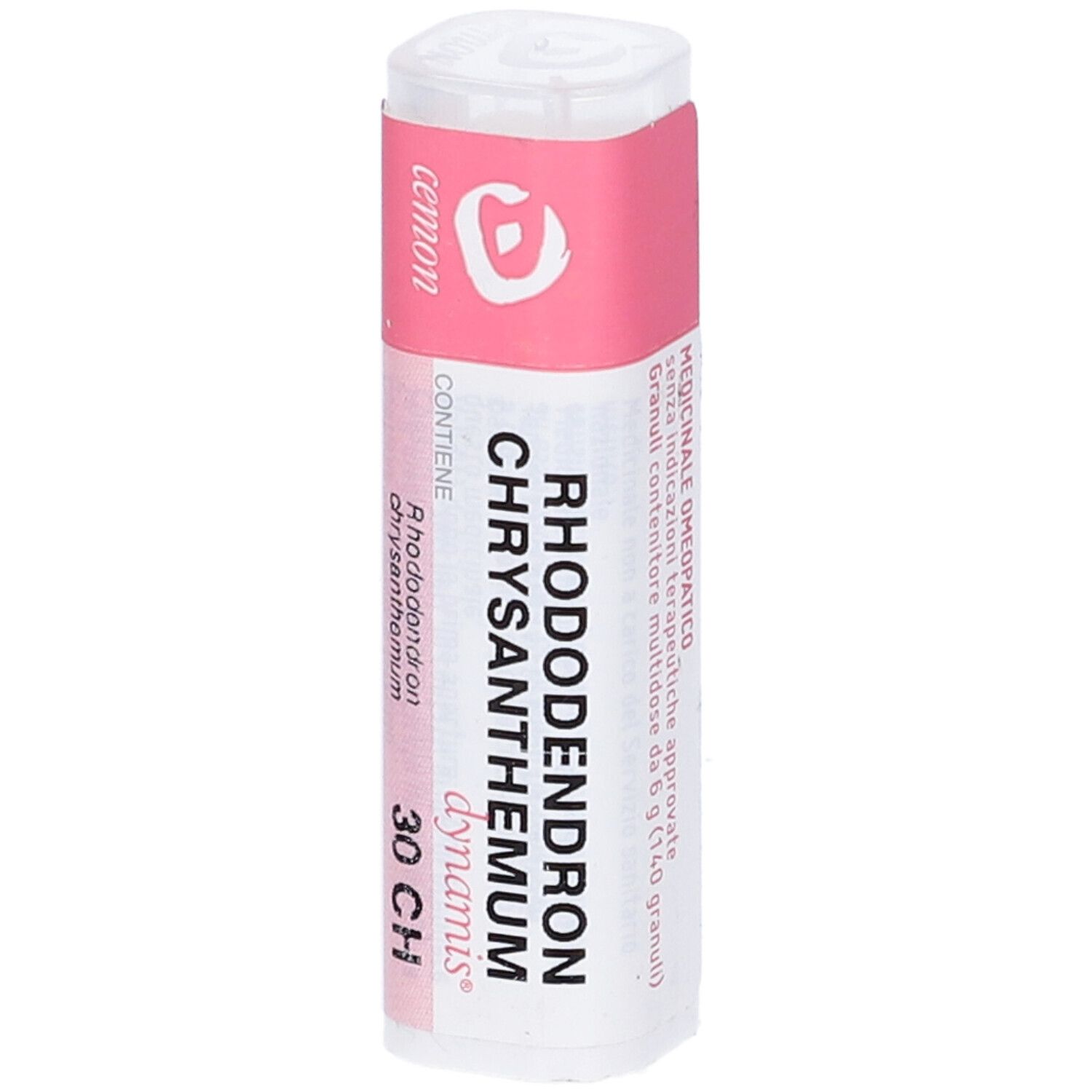 Flacone cilindrico con etichetta rosa. L'etichetta riporta "Rhododendron Chrysan 30CH".