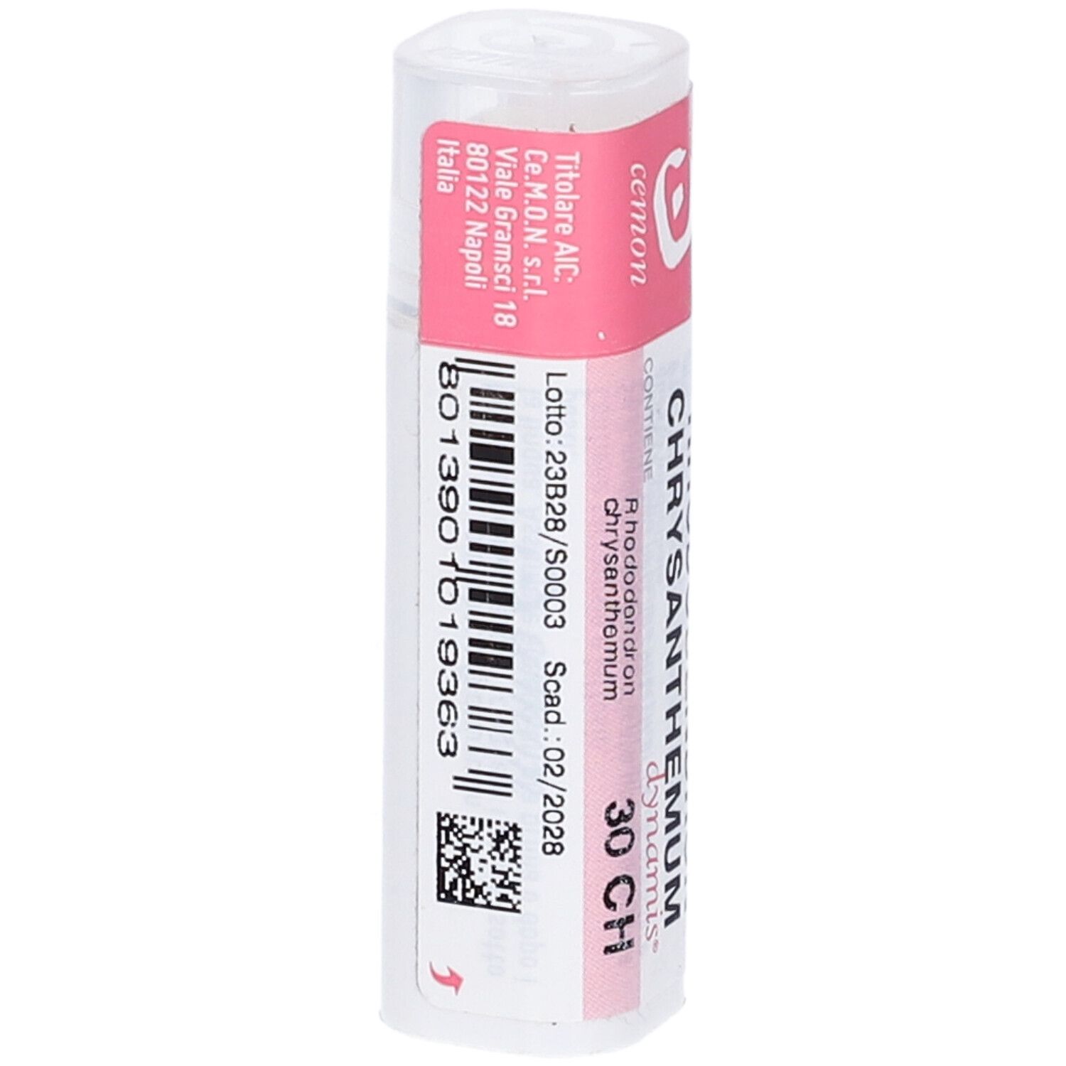 Flacone cilindrico con etichetta rosa. L'etichetta riporta "Rhododendron Chrysan 30CH".