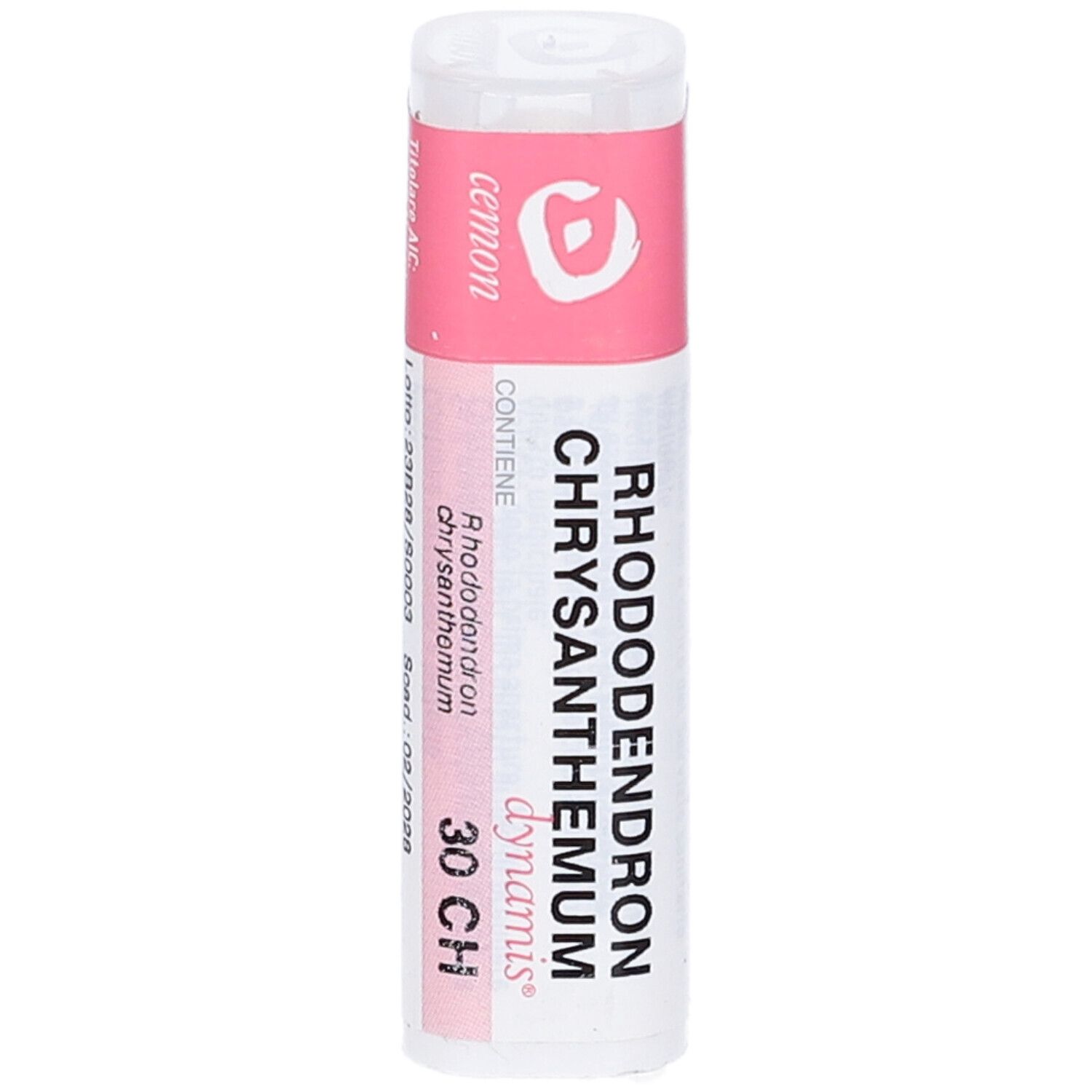 Flacone cilindrico con etichetta rosa. L'etichetta riporta "Rhododendron Chrysan 30CH".