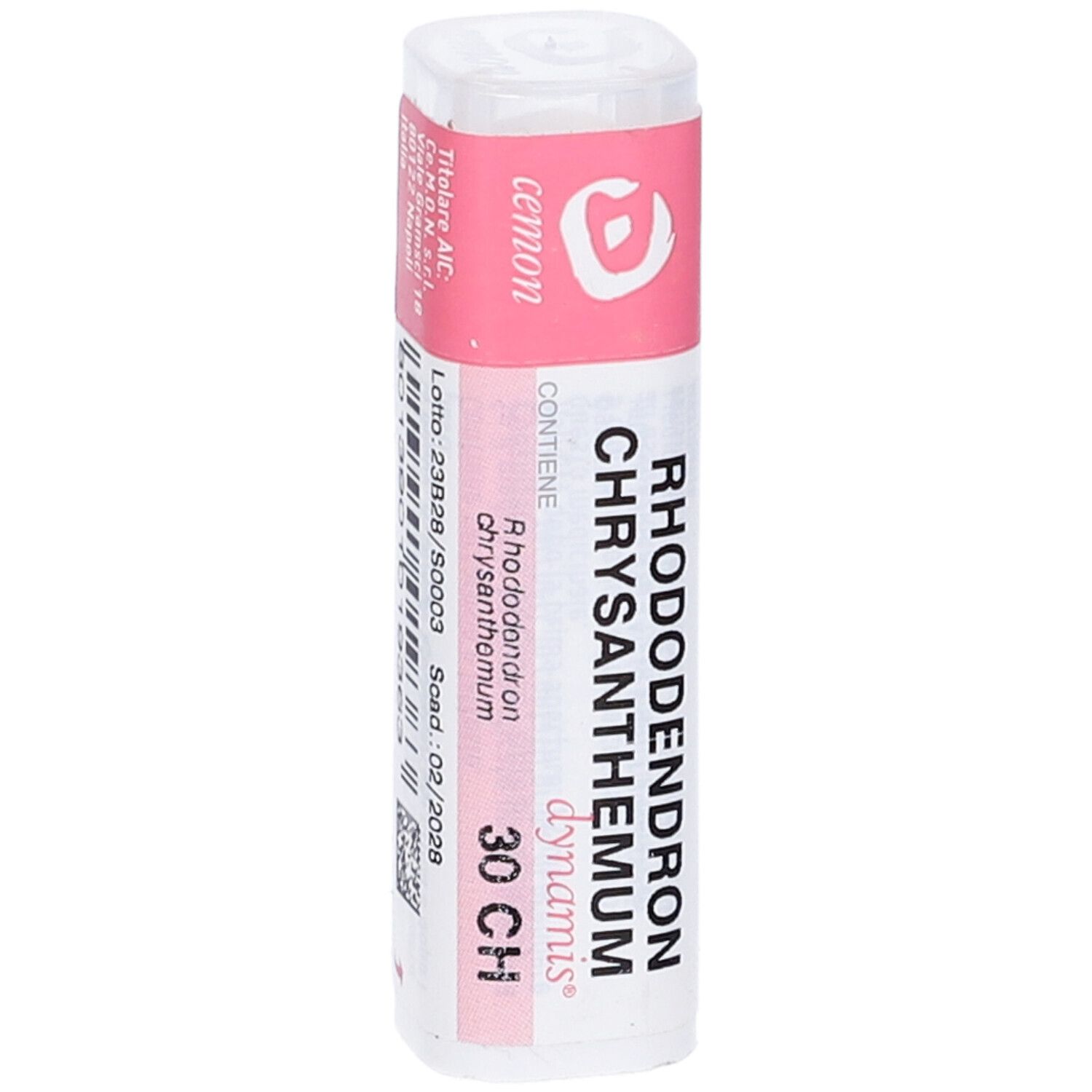 Flacone cilindrico con etichetta rosa. L'etichetta riporta "Rhododendron Chrysan 30CH".