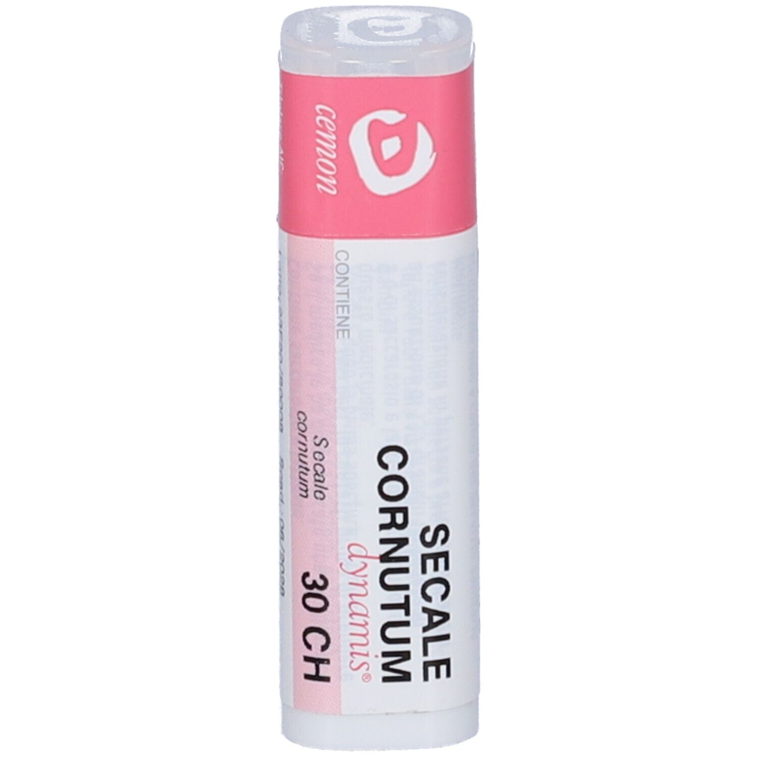 Confezione cilindrica con coperchio rosa. Scritta: Secale Cornutum 30 CH, dynamis.