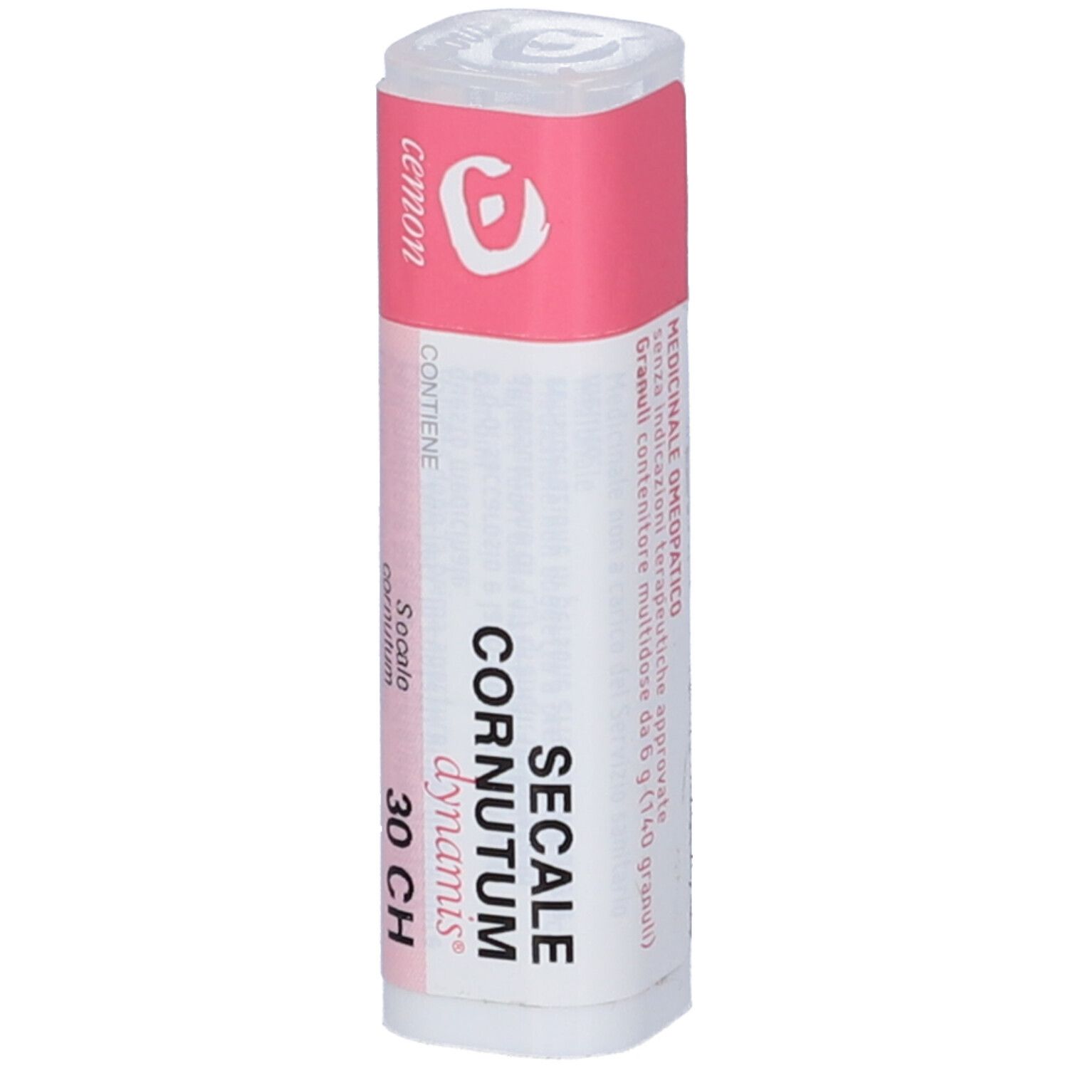 Confezione cilindrica con coperchio rosa. Scritta: Secale Cornutum 30 CH, dynamis.