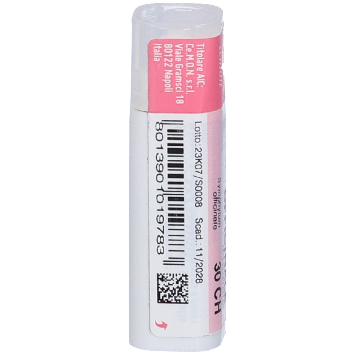Flacone cilindrico con etichetta rosa. Codice a barre e numero di lotto.