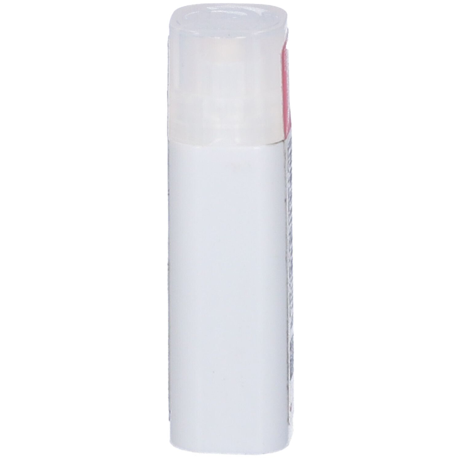 Flacone cilindrico bianco con coperchio trasparente.
