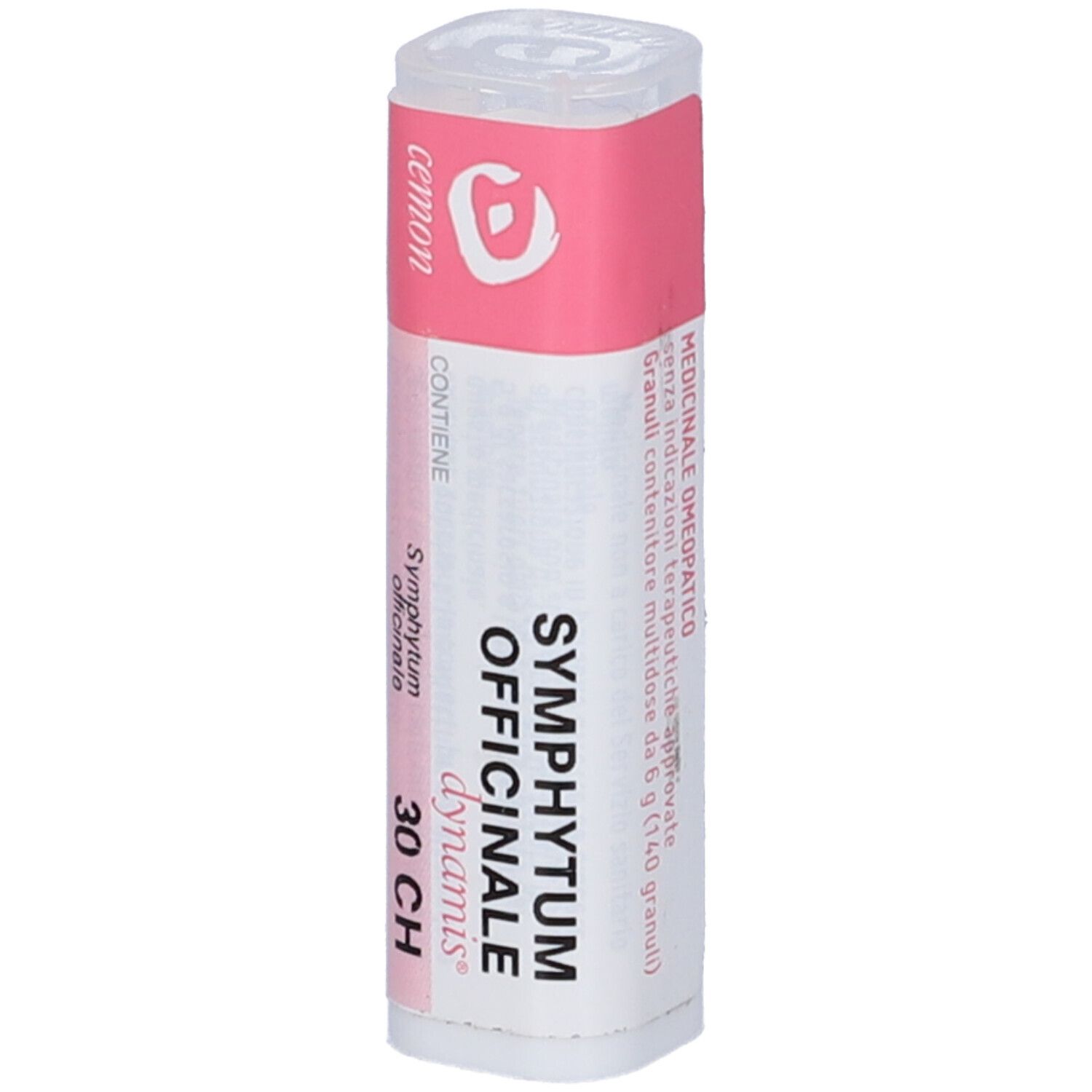 Flacone cilindrico con etichetta rosa. Testo: Symphytum Officinale 30 CH.