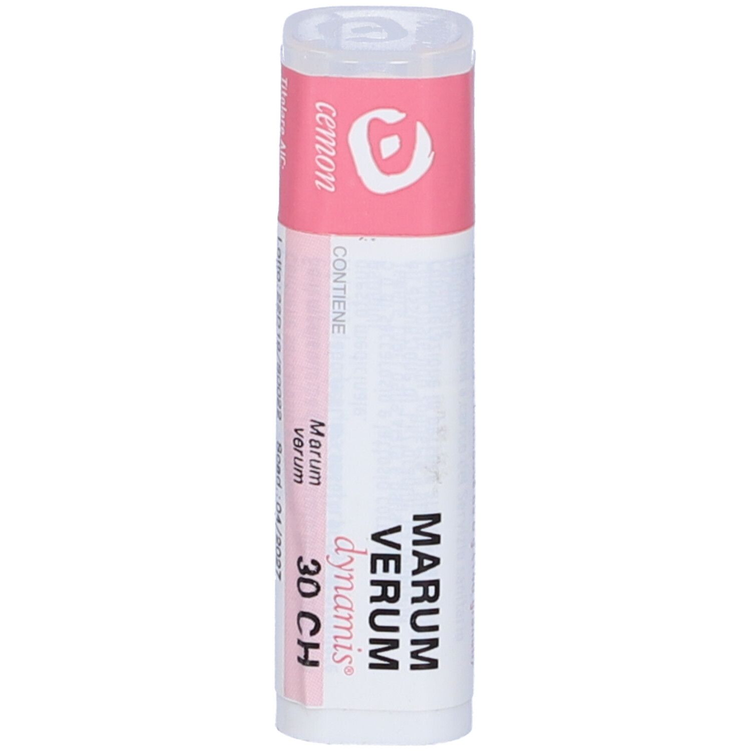 Confezione cilindrica con etichetta rosa e bianca. Testo: Marum Verum 30 CH, dynamis. Logo cemon.