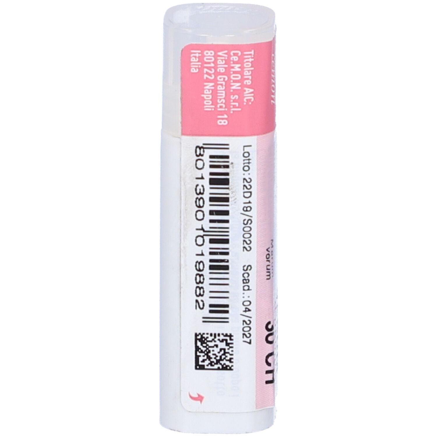 Confezione cilindrica con etichetta rosa e bianca. Testo: Marum Verum 30 CH, dynamis. Logo cemon.