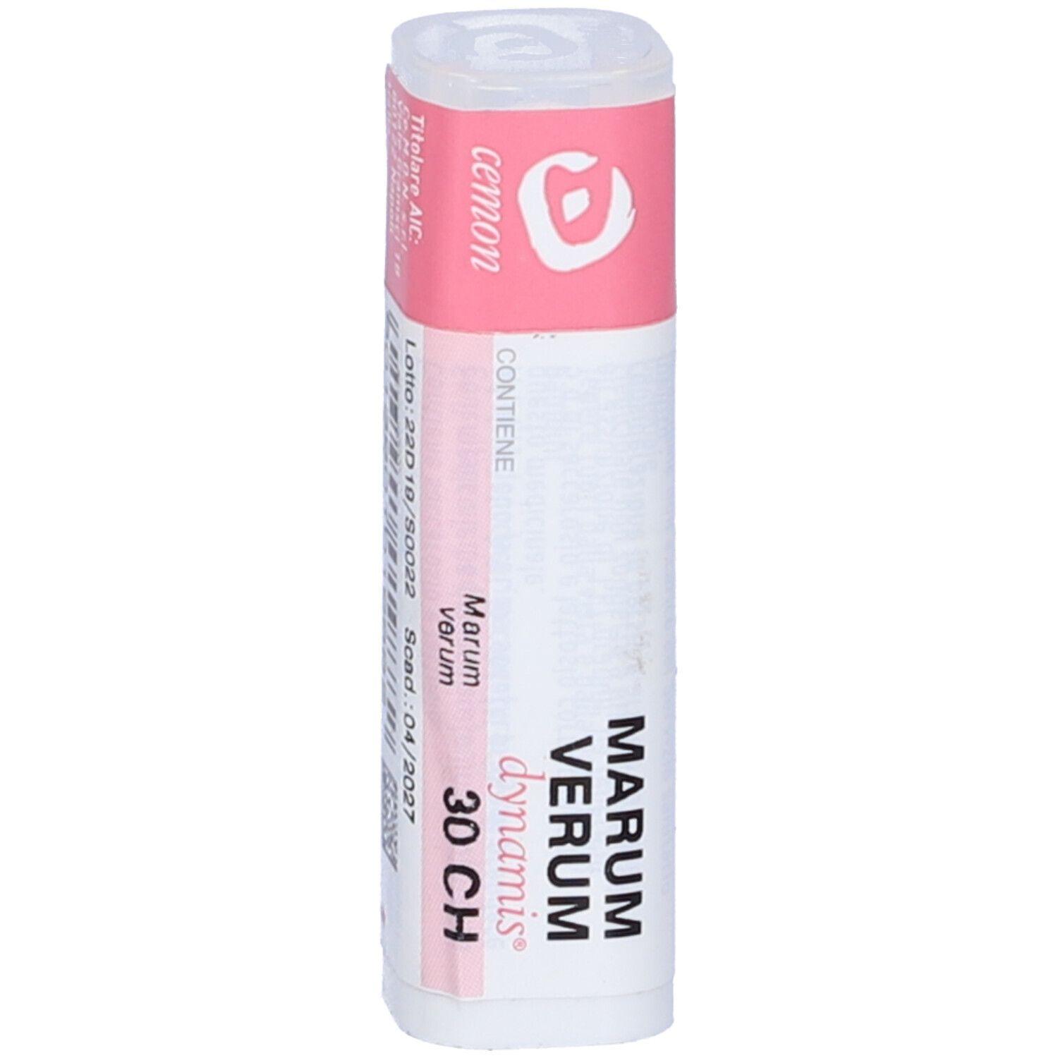 Confezione cilindrica con etichetta rosa e bianca. Testo: Marum Verum 30 CH, dynamis. Logo cemon.