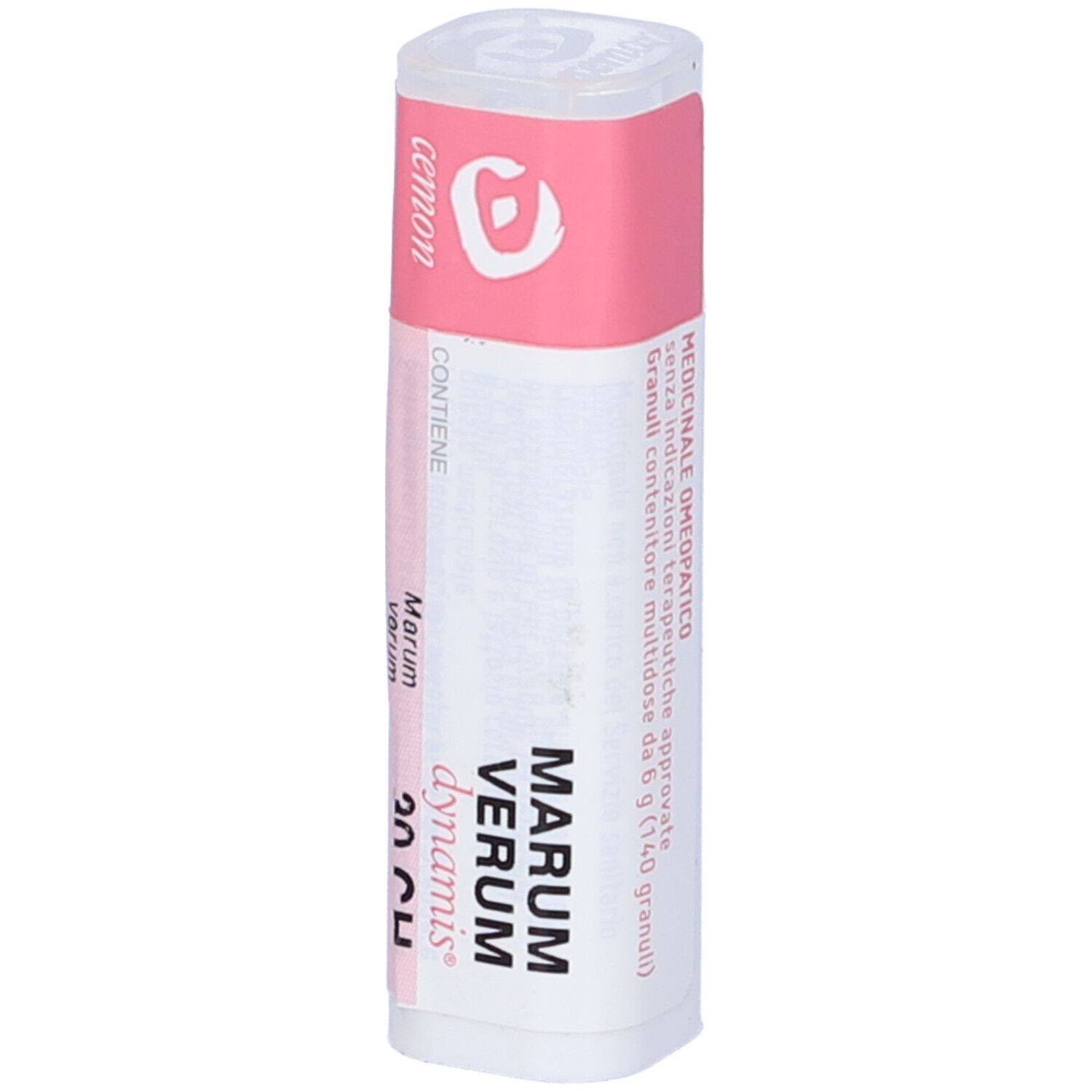 Confezione cilindrica con etichetta rosa e bianca. Testo: Marum Verum 30 CH, dynamis. Logo cemon.
