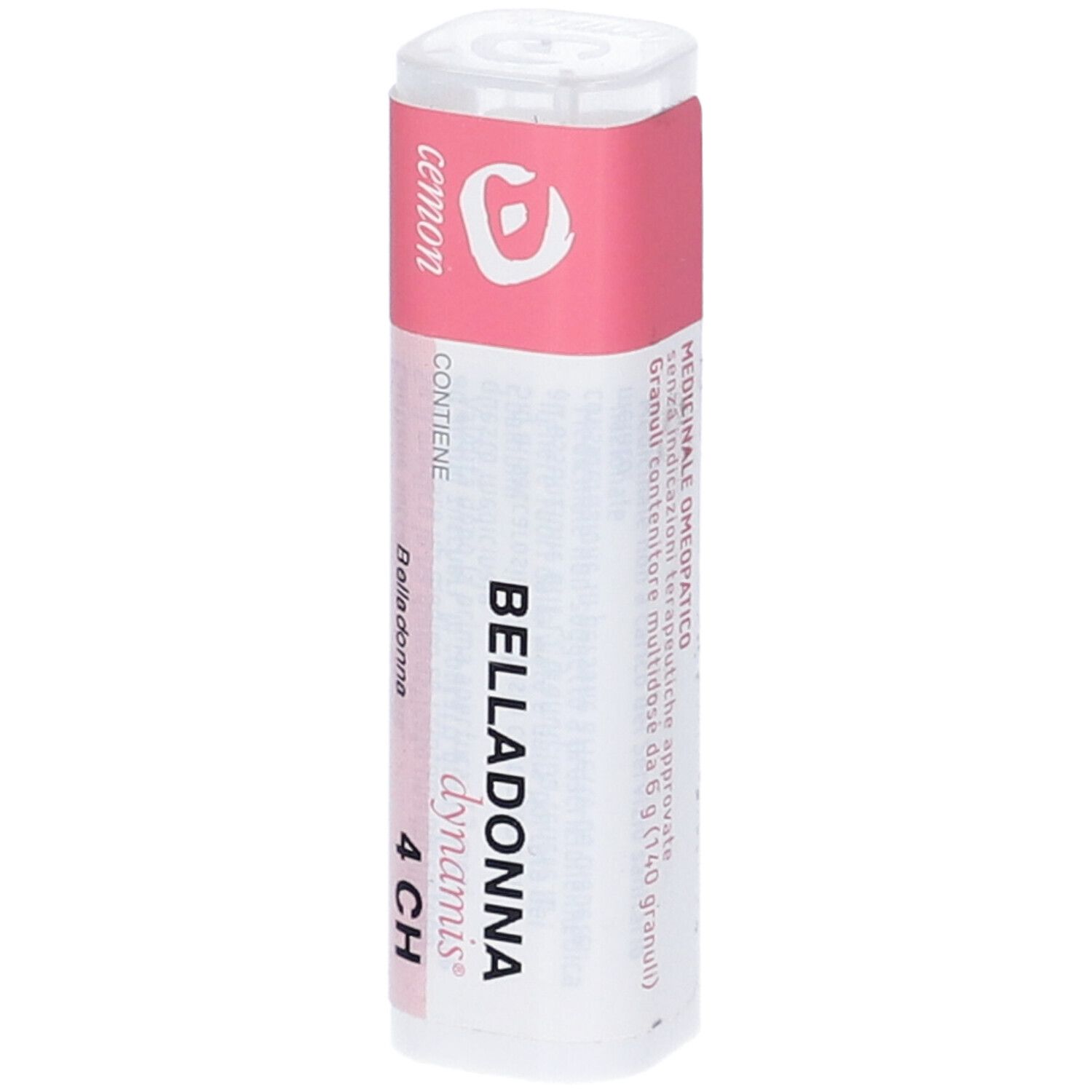 Confezione cilindrica con etichetta rosa. Scritta: Belladonna 4 CH, cemon.