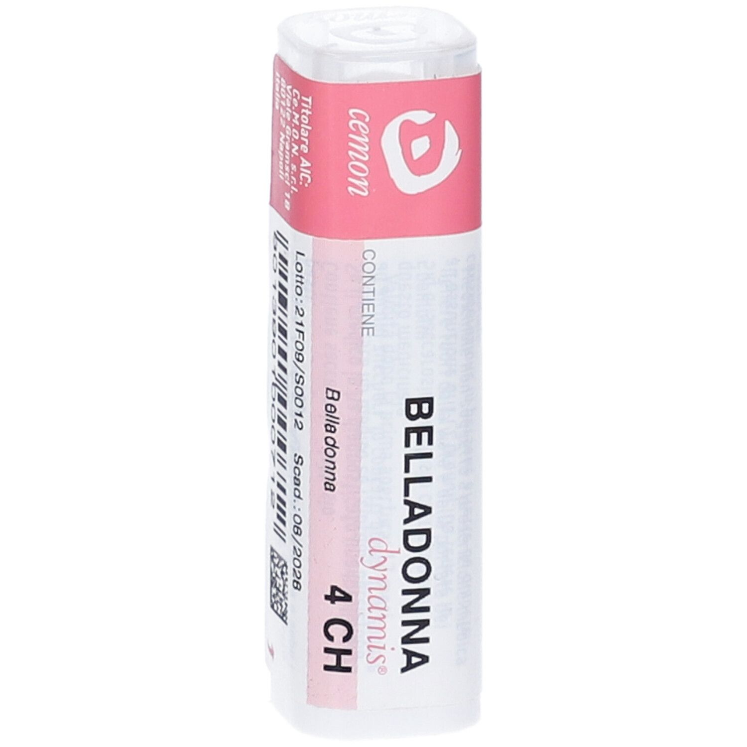 Confezione cilindrica con etichetta rosa. Scritta: Belladonna 4 CH, cemon, lotto, scad.
