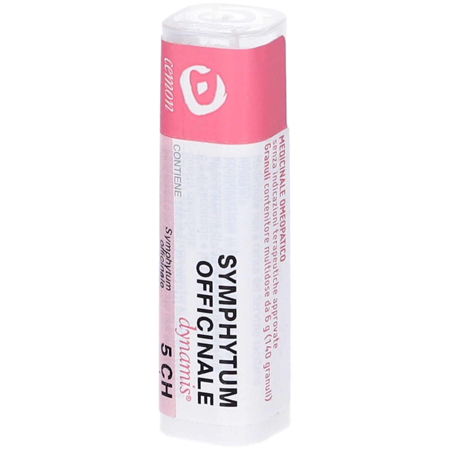 Confezione cilindrica. Etichetta rosa con testo: Symphytum Officinale 5 CH, cemon, dynamis.